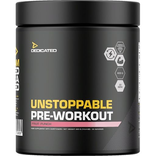 Schwarze Dose mit gelbem und rosa Text. "Dedicated Unstoppable Pre-Workout" und Logos sind sichtbar. 420g, 30 Portionen.