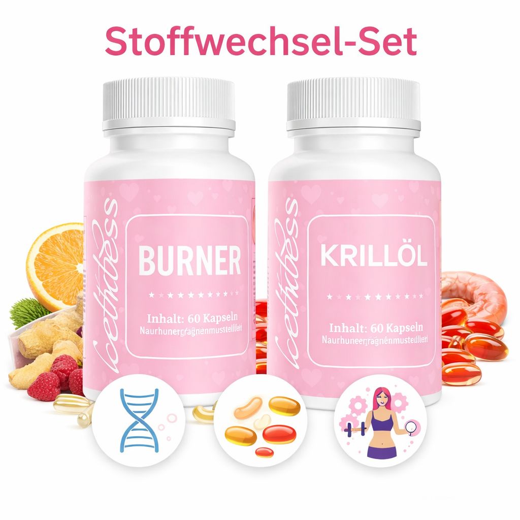 Zwei Flaschen mit Kapseln. Aufschrift: Stoffwechsel-Set, Burner, Krillöl. Mit Illustrationen von Kapseln und einer Frau.