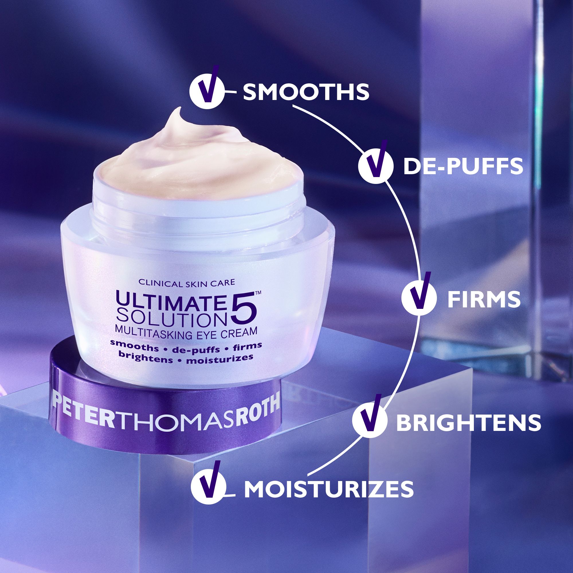 Peter Thomas Roth Augencreme-Tiegel. Text: Glättet, mindert Schwellungen, strafft, hellt auf, spendet Feuchtigkeit.
