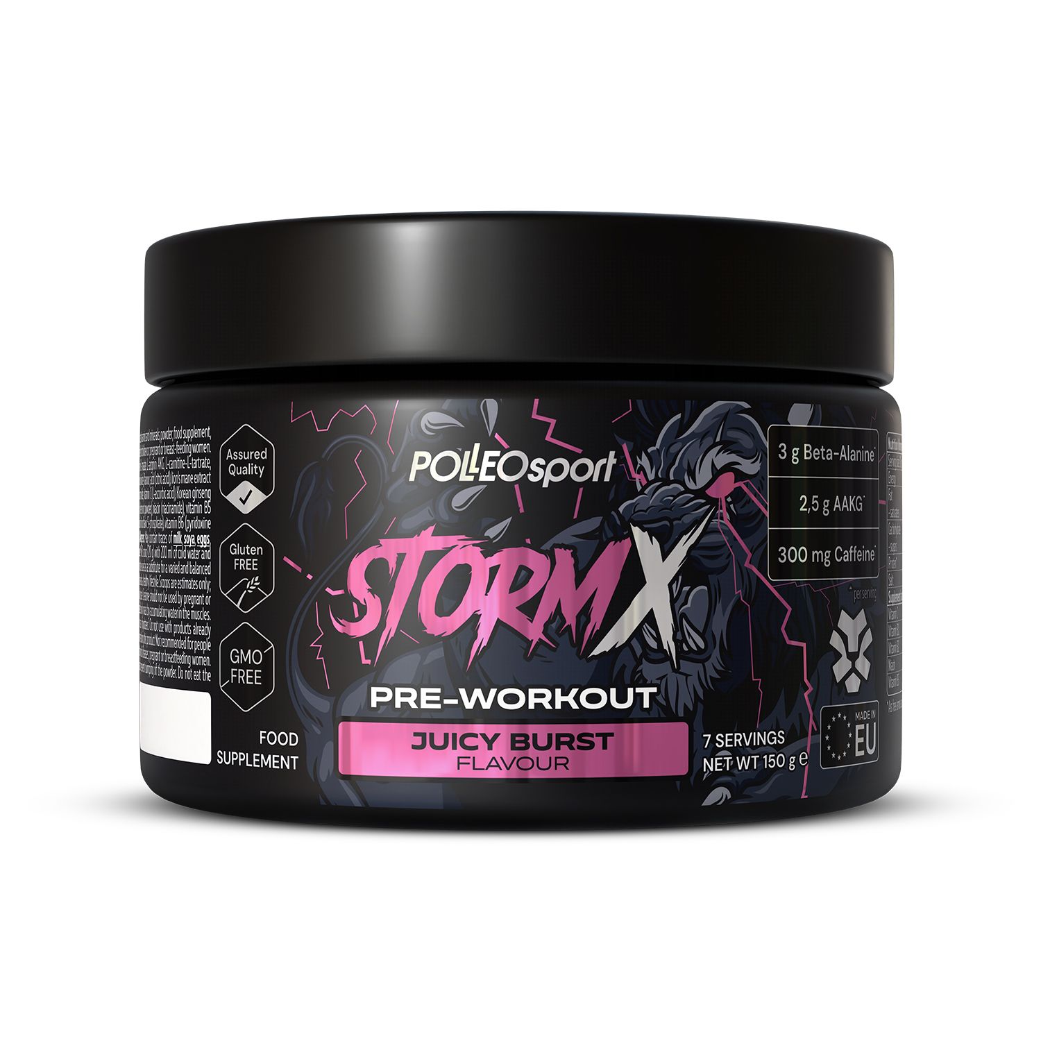 Schwarzes Dose mit "STORMX" und "PRE-WORKOUT" Aufschrift. Enthält 7 Portionen. "JUICY BURST FLAVOUR". Mit Logos und Zertifizierungen.