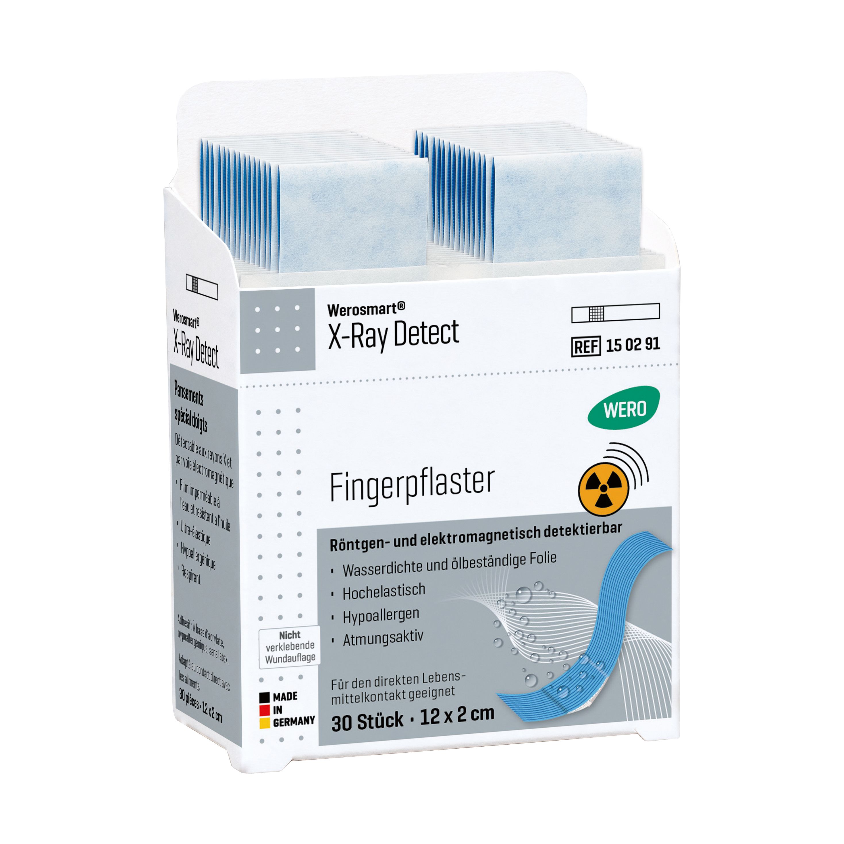 Fingerpflaster-Packung. Werosmart X-Ray Detect. 30 Stück, 12x2 cm. Röntgen- und elektromagnetisch detektierbar. Wasserfest.