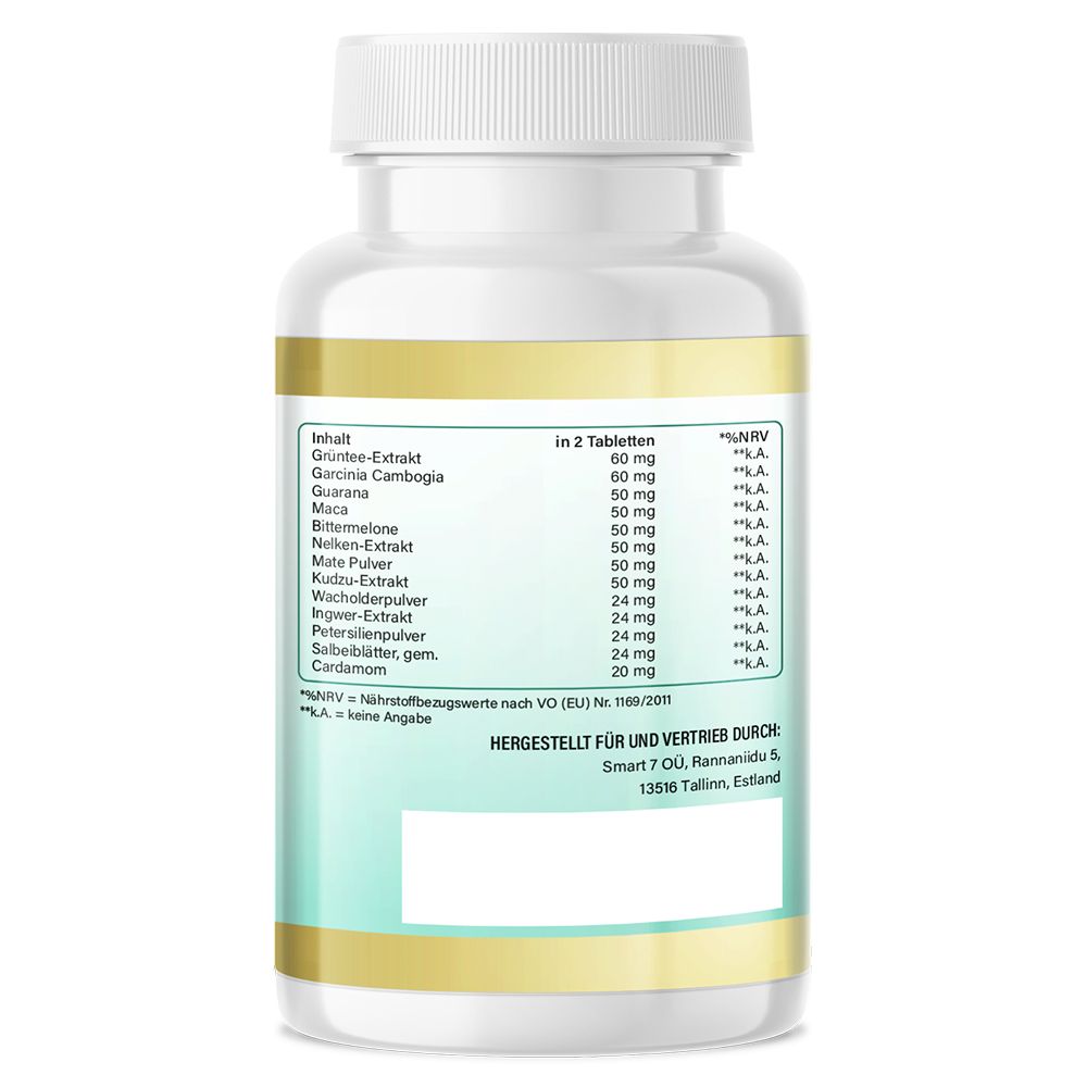 Rückseite einer weißen Flasche mit Inhaltsangaben. Inhaltsstoffe in 2 Tabletten. Hergestellt für und vertrieben durch Smart 7 OÜ.