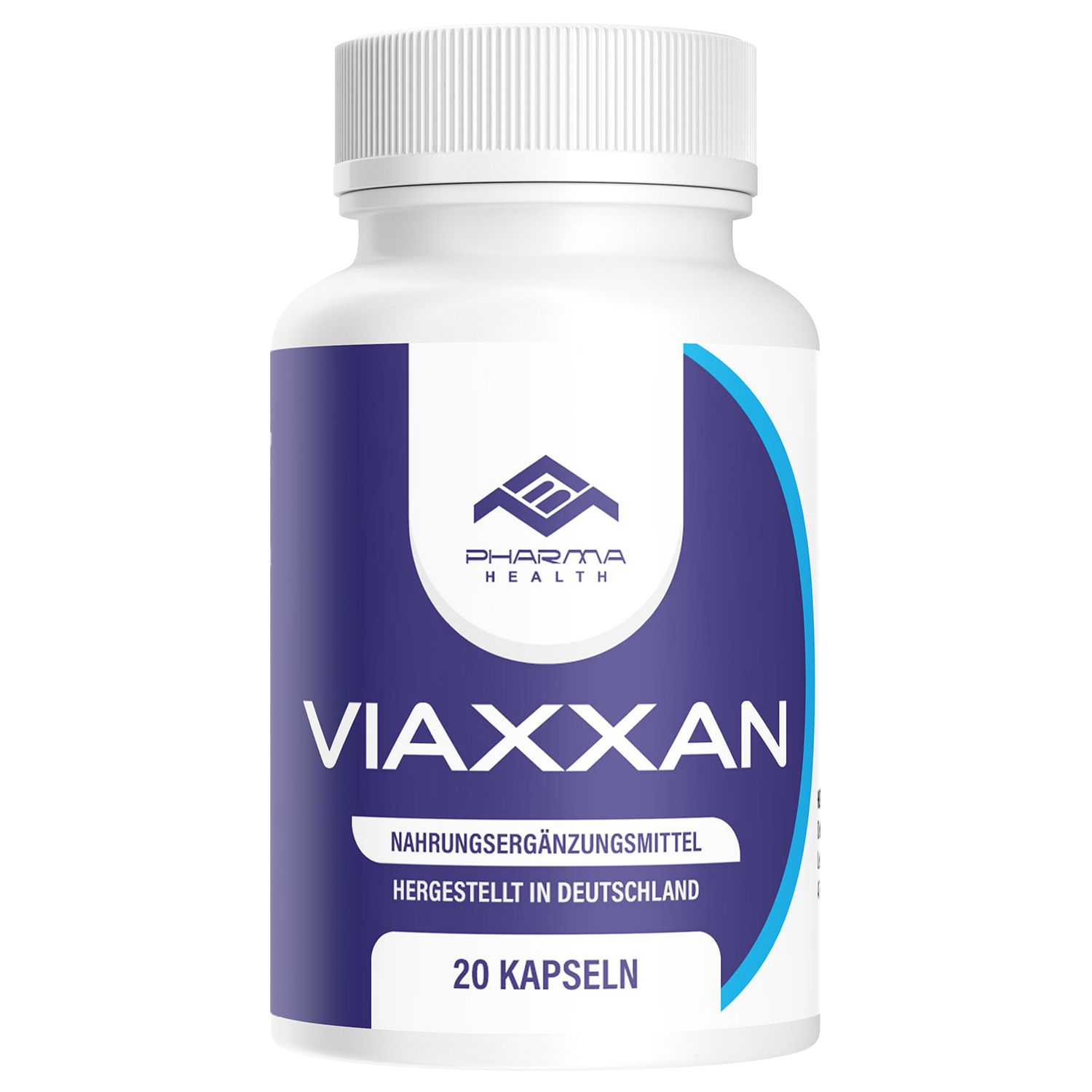 Weiße Flasche mit blauem Etikett. Aufschrift: Viaxxan, Pharma Health, 20 Kapseln. Nahrungsergänzungsmittel, hergestellt in Deutschland.
