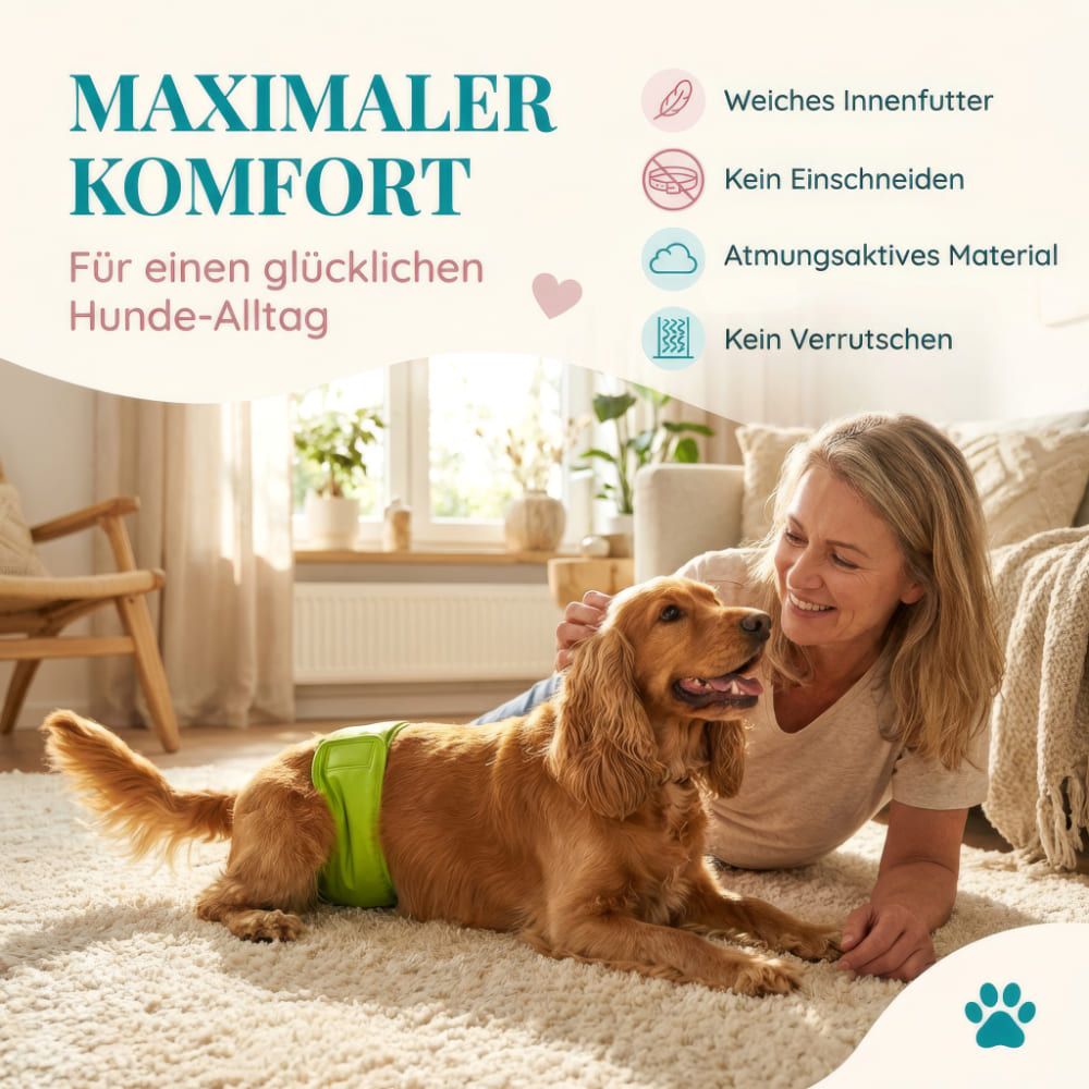 Frau mit Hund, der eine grüne Windel trägt. Text: Maximaler Komfort, weiches Innenfutter, atmungsaktives Material.