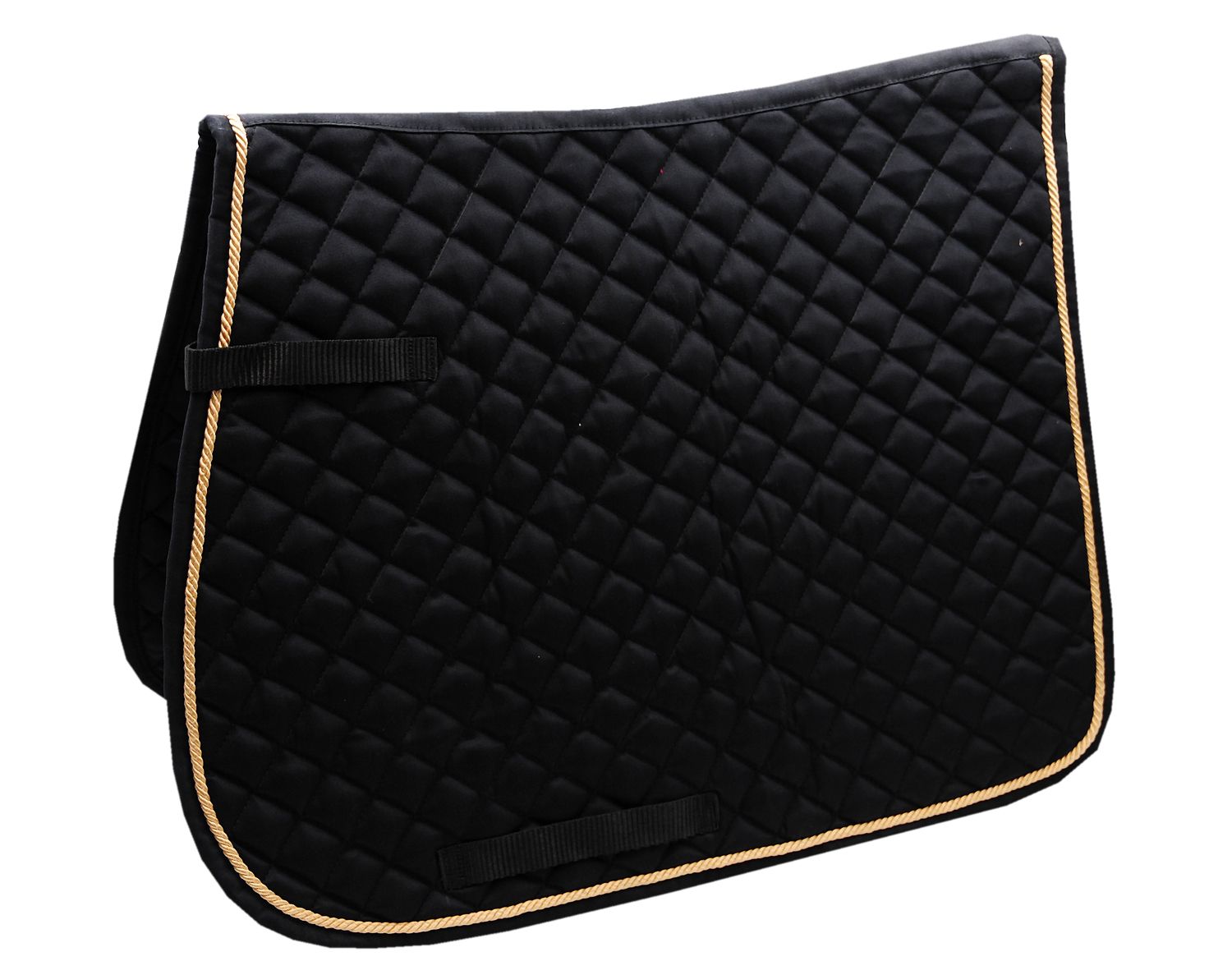 Schwarze, gesteppte Schabracke mit goldfarbener Kordel. Quadratisches Muster. Zwei Schlaufen.