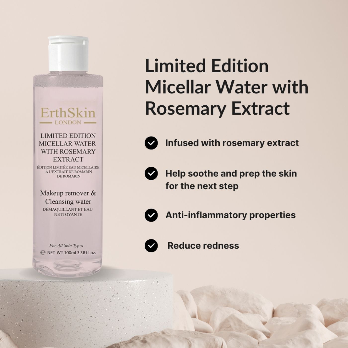 Produktflasche mit weißem Deckel und Etikett. Text: Limited Edition Mizellenwasser mit Rosmarinextrakt. Zusätzlicher Text mit Vorteilen.