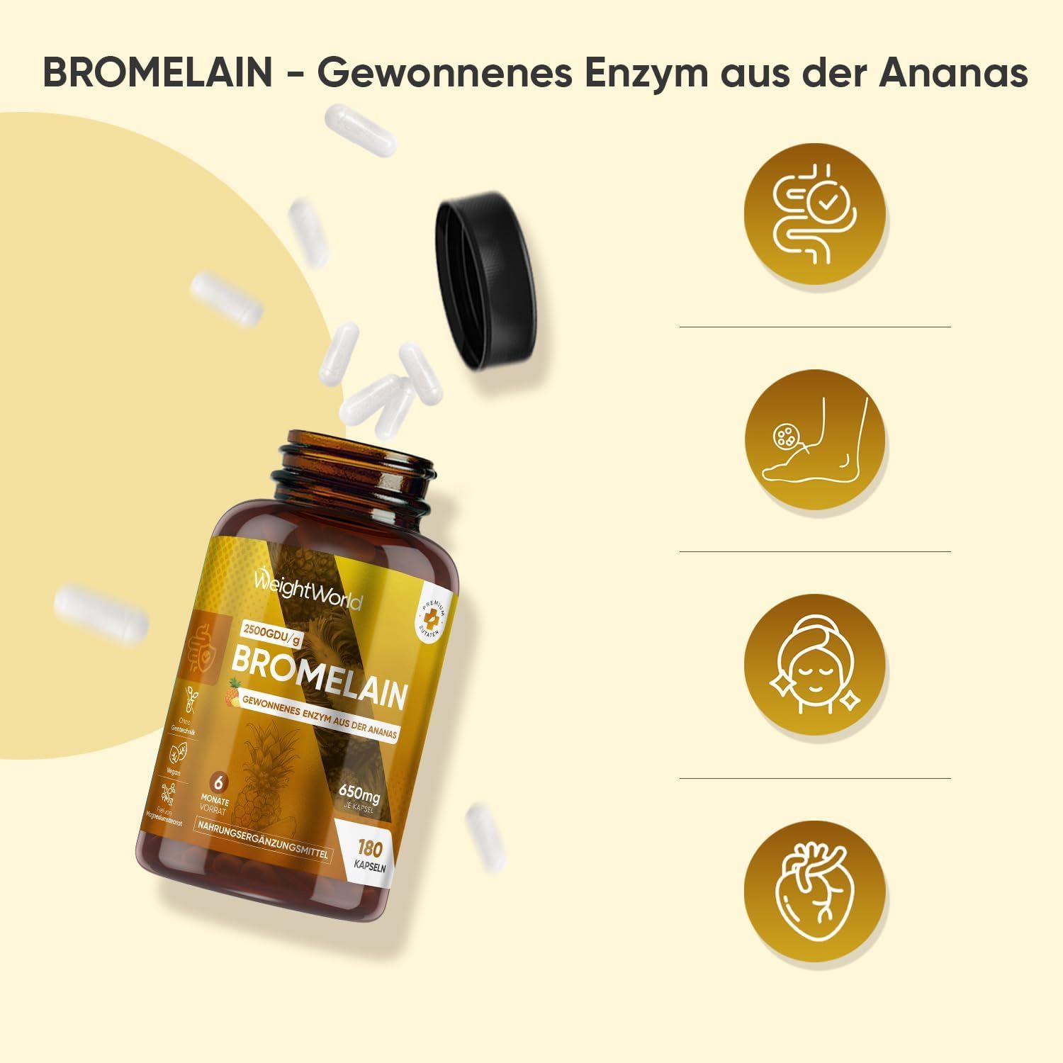 Braune Flasche WeightWorld Bromelain Kapseln, umgeben von weißen Kapseln. Text: 650mg, 180 Kapseln. Illustrationen: Verdauung, Gelenke, Haut, Herz.