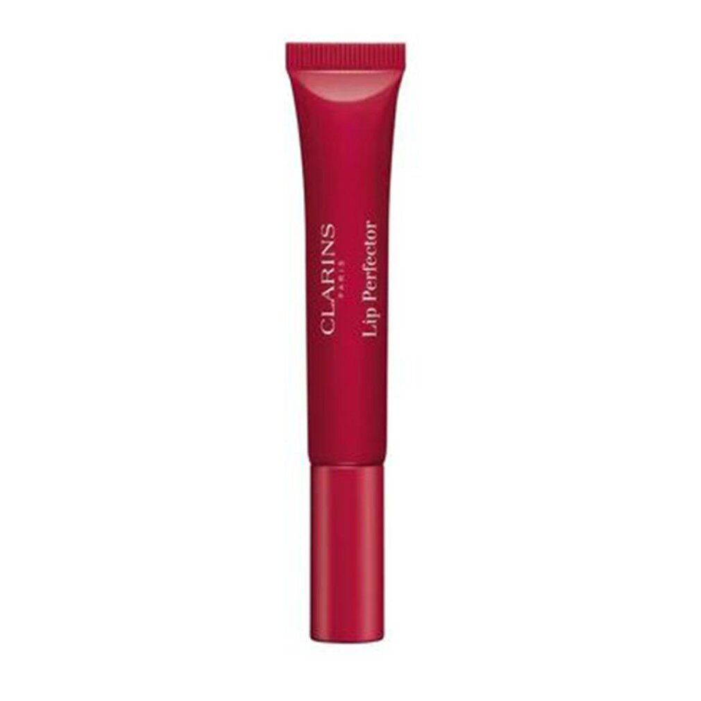 Rote Tube mit CLARINS PARIS Lip Perfector Schriftzug. Produkt in aufrechter Position.