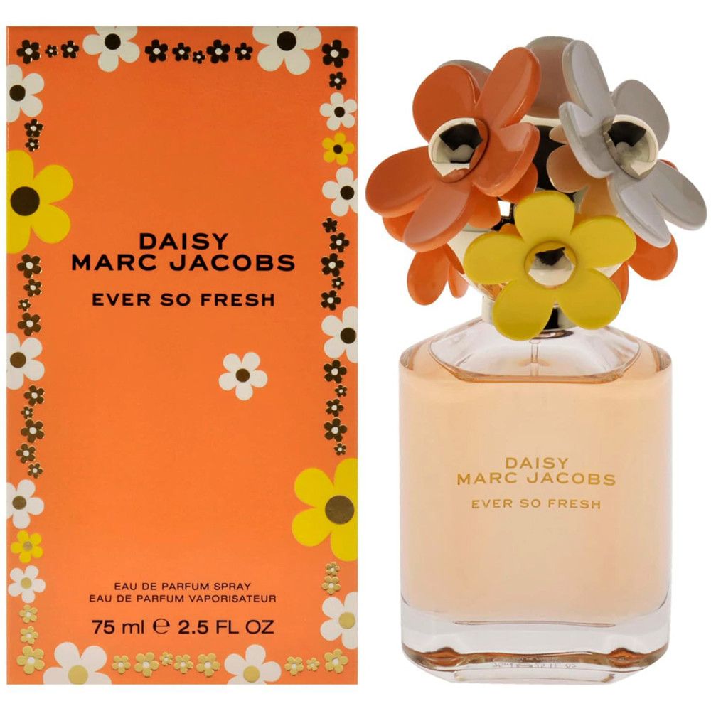 Parfümflakon mit blütenförmigem Deckel und orangefarbener Verpackung. Aufschrift: Daisy Marc Jacobs Ever So Fresh.