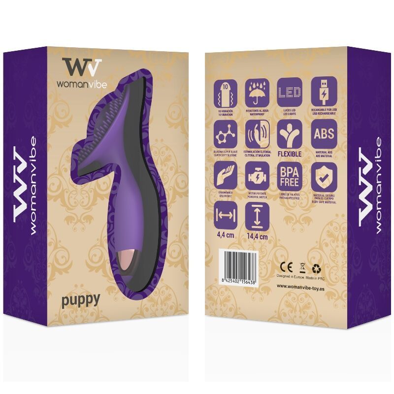 Verpackung für einen lila Stimulator. Auf der Verpackung sind Produktmerkmale, Maße und das Logo der Marke WomanVibe abgebildet.