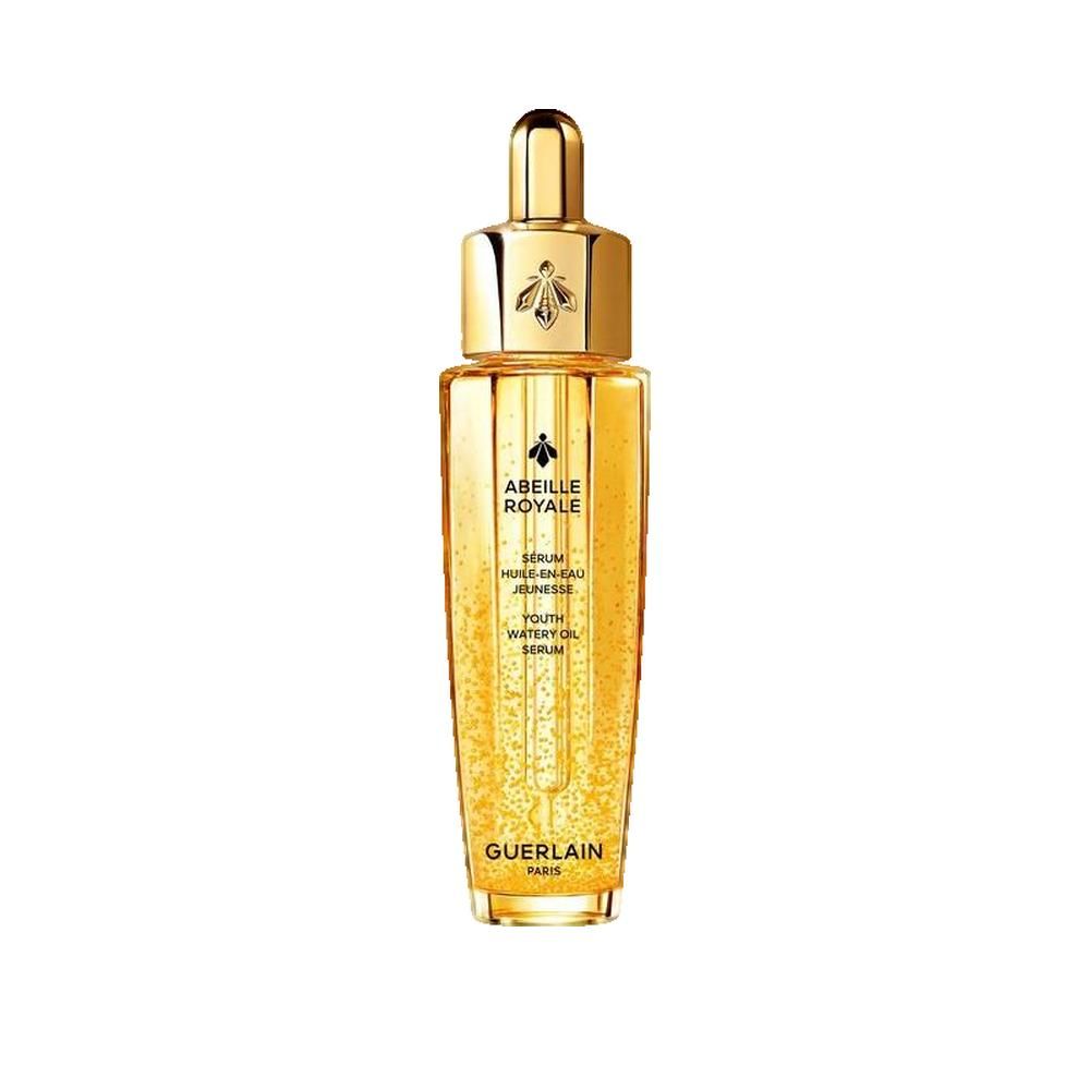 Goldfarbene Flasche mit goldenem Deckel. Aufschrift: Abeille Royale, Sérum Huile en Eau Jeunesse, Guerlain Paris.