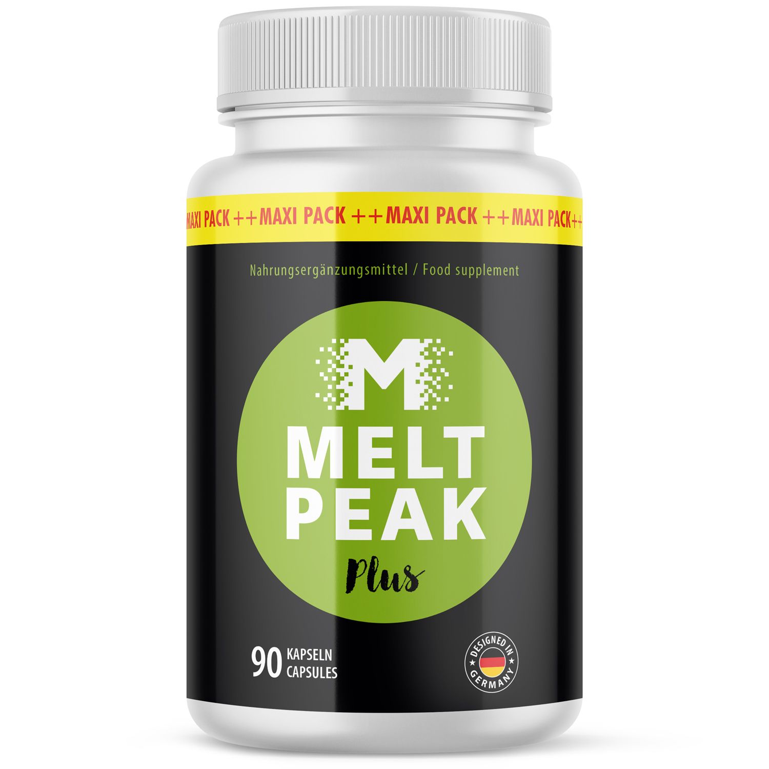 Sportliches Paar gibt sich High Five. Flasche Melt Peak Plus Kapseln daneben. "Jetzt durchstarten".