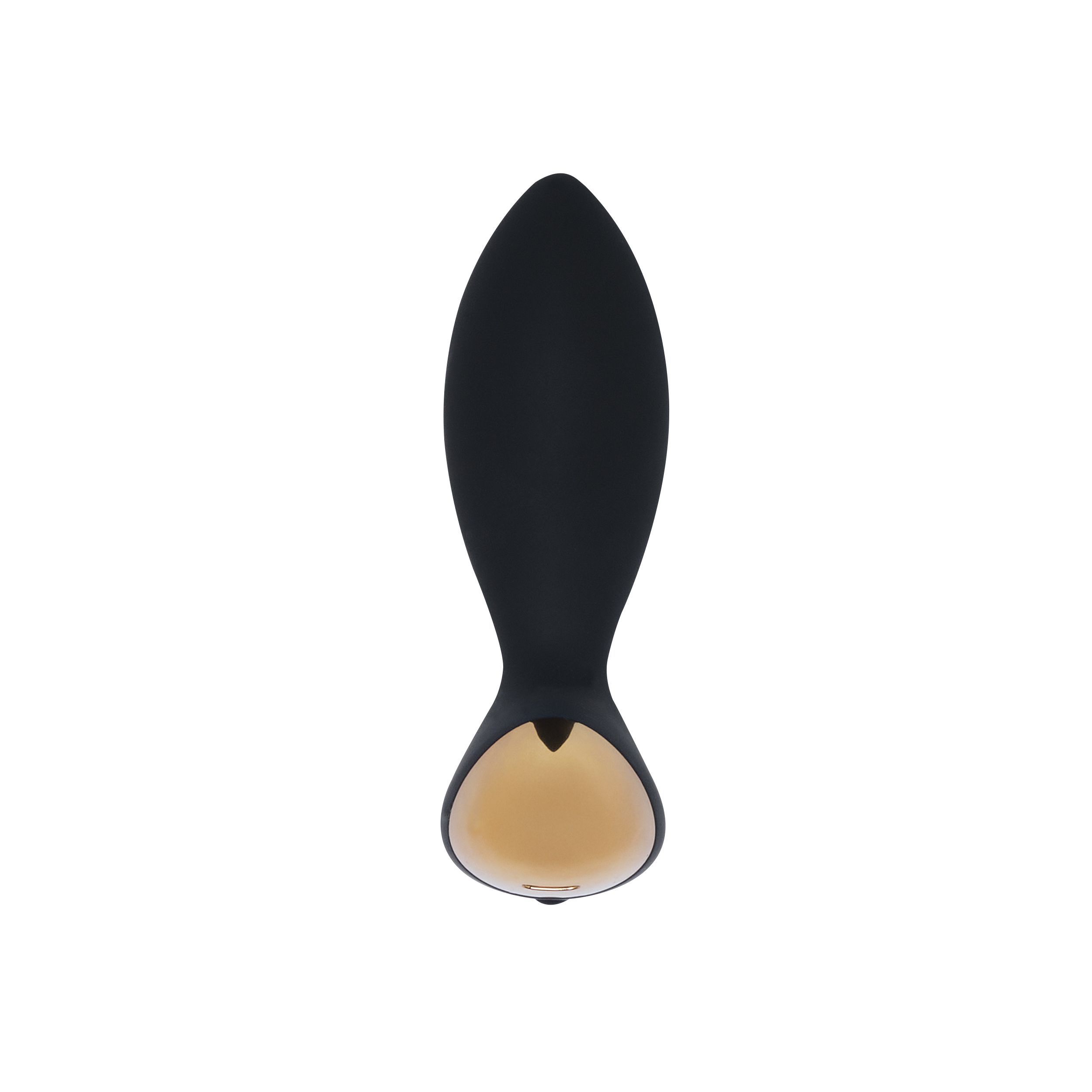 Schwarzer Analvibrator mit goldfarbenem Fuß. Der Vibrator hat eine längliche Form und eine abgerundete Basis.