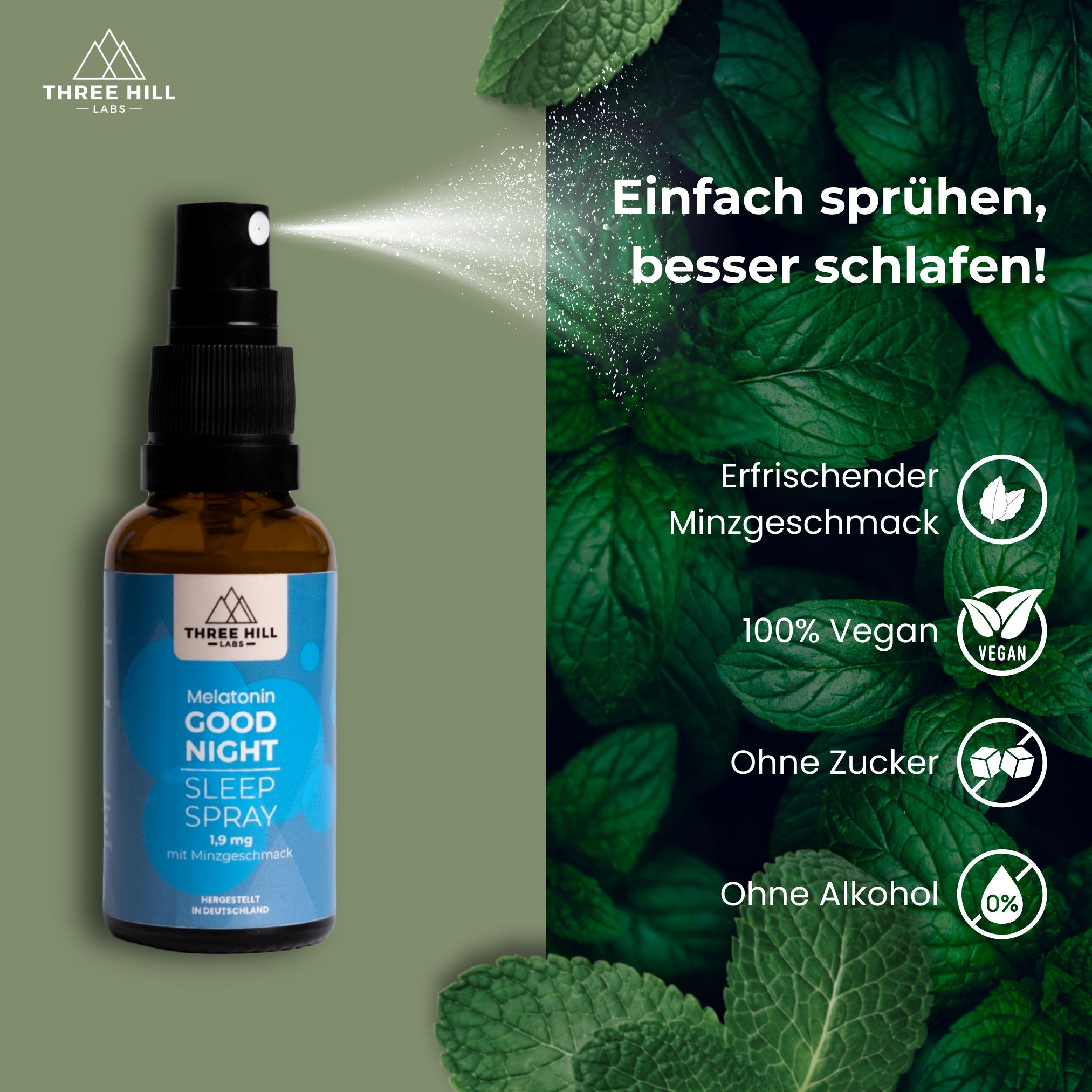 Braune Sprühflasche mit weißem Sprühnebel. Text: Melatonin Good Night Sleep Spray, 1,9 mg. Mit Minzgeschmack. Grün-weißer Hintergrund mit Blättern.