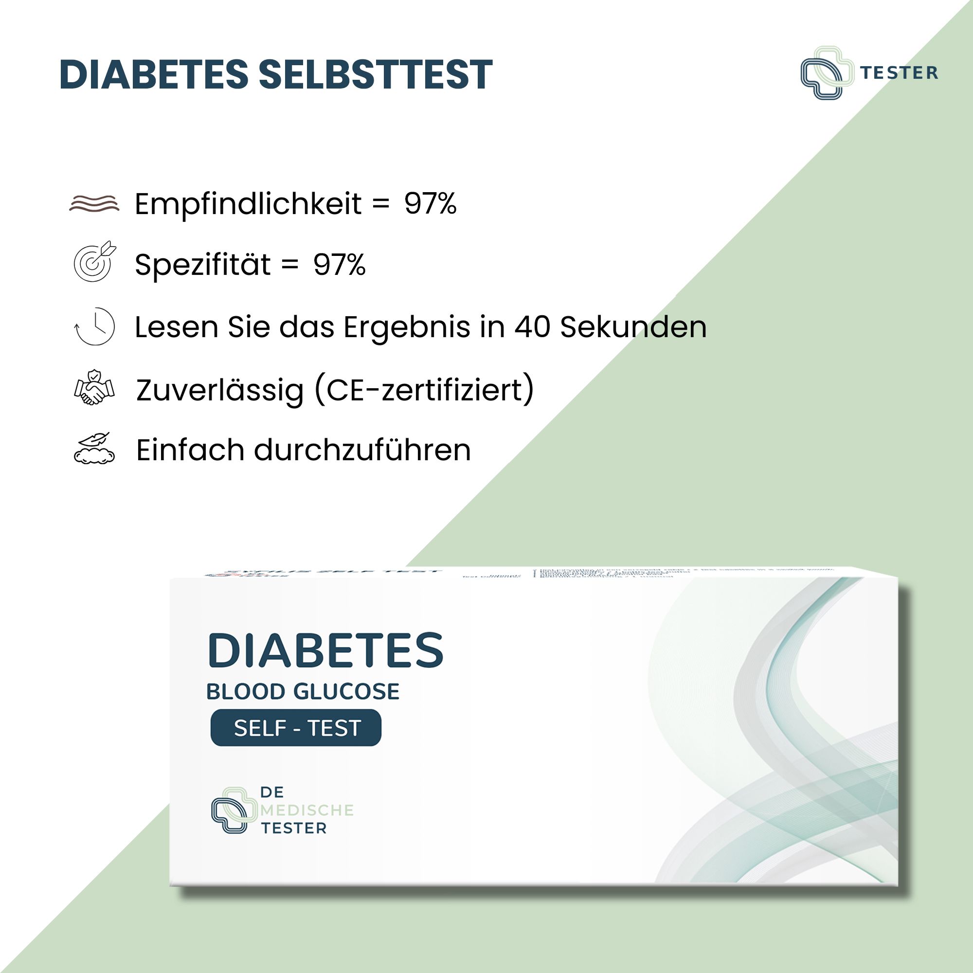 Diabetes-Selbsttest-Packung. Text: Empfindlichkeit 97%, Spezifität 97%, Ergebnis in 40 Sekunden, zuverlässig (CE-zertifiziert), einfach durchzuführen. Logo: De Medische Tester.