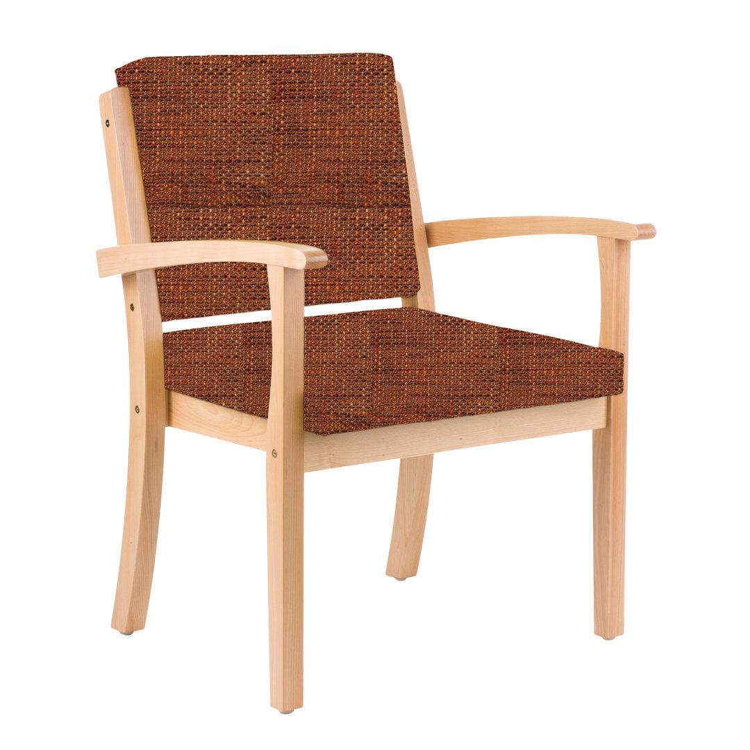 Stuhl mit Holzrahmen und Armlehnen. Sitzfläche und Rückenlehne mit braunem Stoff bezogen.