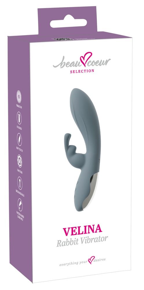 Verpackung mit blauem Rabbit-Vibrator. Marke: beau coeur. Text: VELINA Rabbit Vibrator. Aufdrucke: Vibration, flexibel, weich, wiederaufladbar.