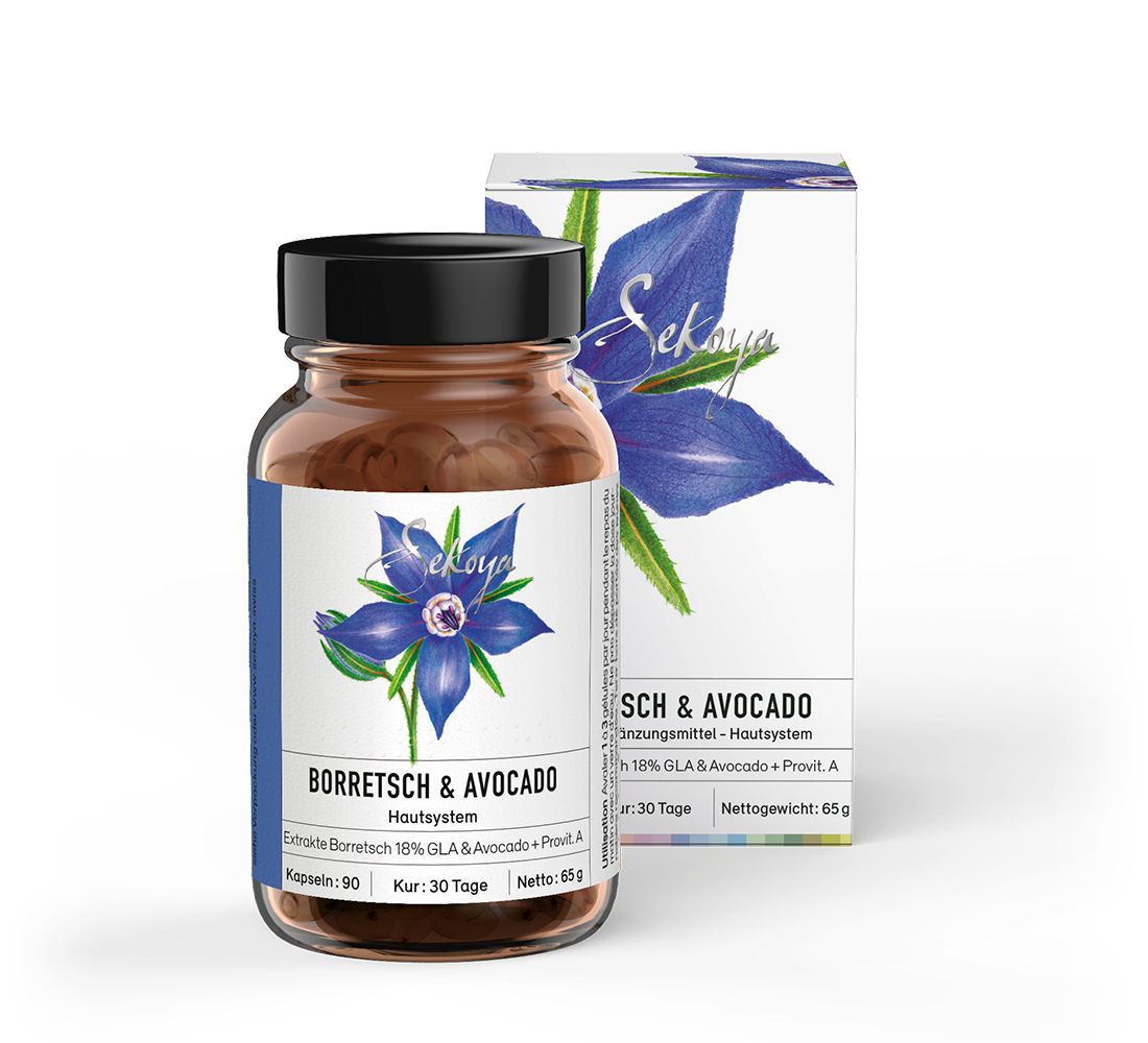 Braune Glasflasche und Karton mit floralem Design. Aufschrift: Borretsch & Avocado. 90 Kapseln, 30 Tage Kur.
