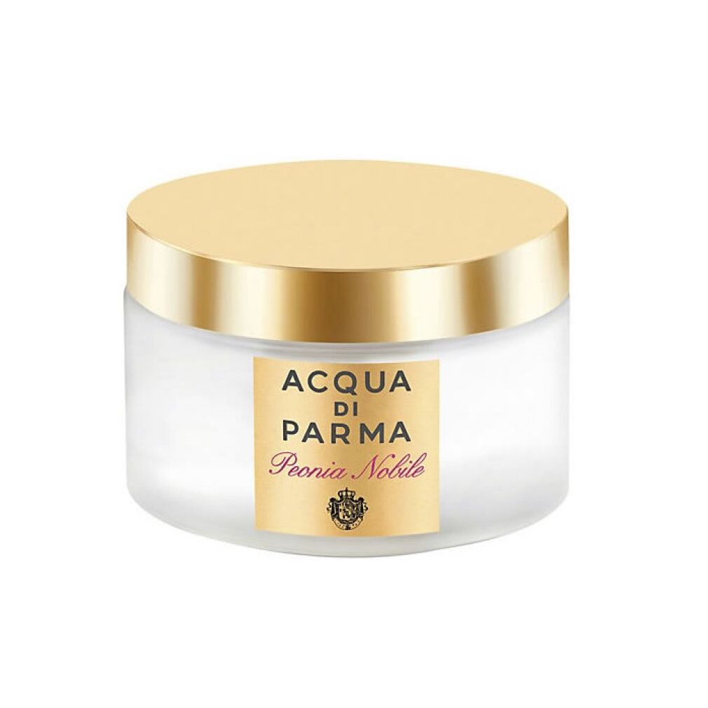 Creme-Tiegel mit goldenem Deckel. Aufschrift: Acqua di Parma Peonia Nobile. Glasbehälter.