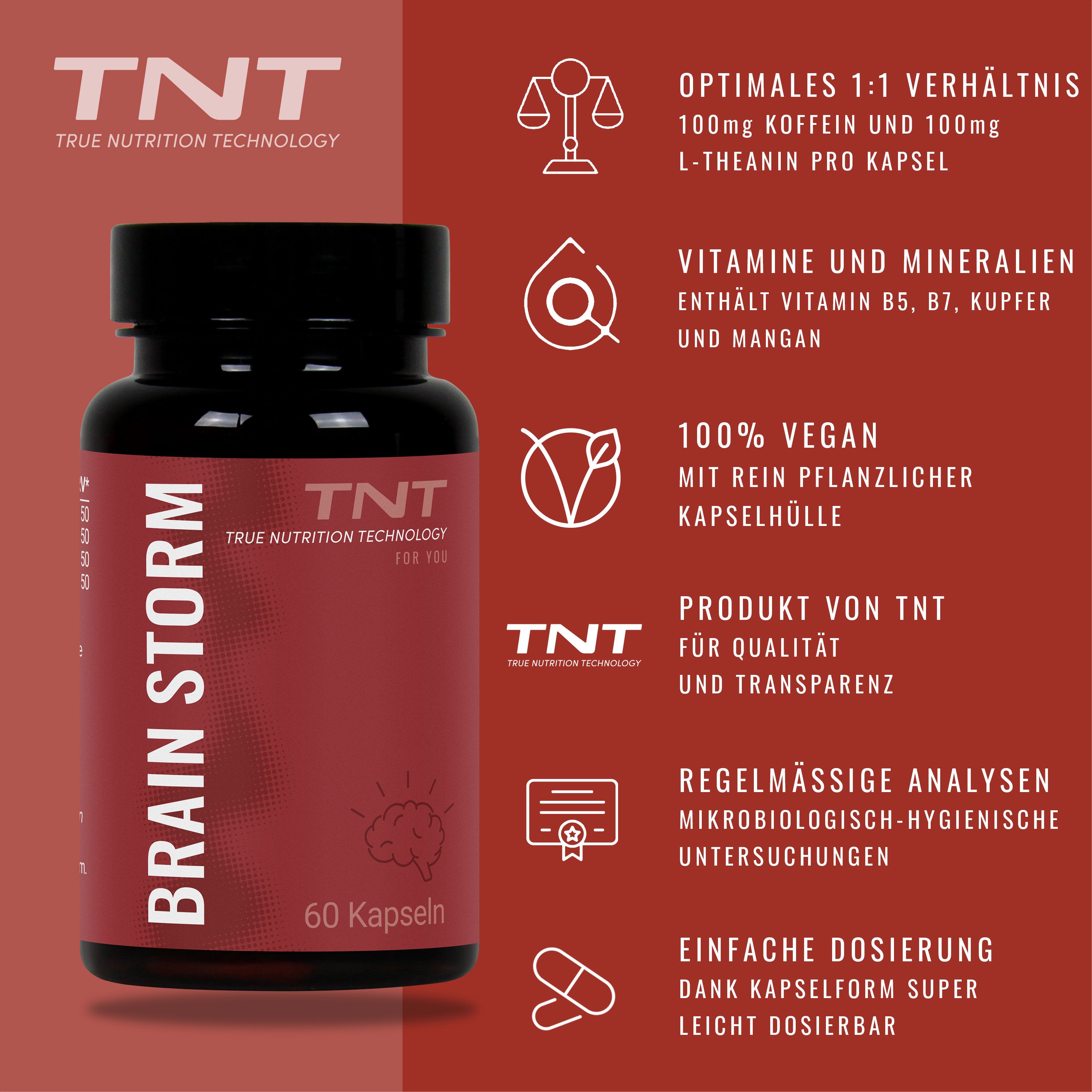 Rote Infografik mit TNT Brain Storm. Enthält Informationen zu Inhaltsstoffen, Vegan-Zertifizierung und Dosierung.