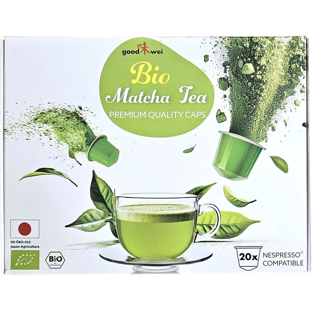 Verpackung mit Goodwei Bio Matcha Kapseln. Enthält 20 Kapseln, Nespresso kompatibel. Bio-Siegel und japanische Landwirtschaft.
