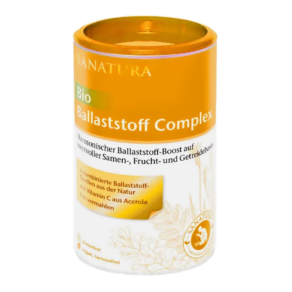 Zylindrische Dose mit gelbem Deckel und Etikett. Aufschrift: Bio Ballaststoff Complex. Enthält Vitamin C aus Acerola. Vegan, laktosefrei.