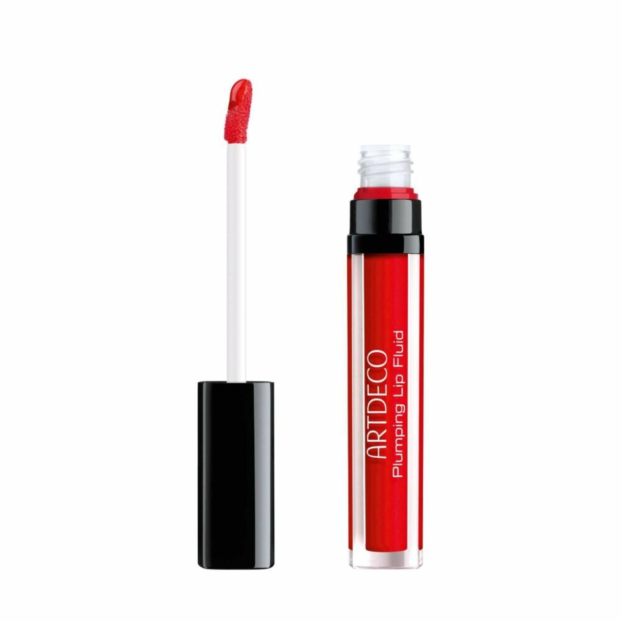 Rotes Artdeco Plumping Lip Fluid, geöffnet. Applikator und Flasche nebeneinander. Schwarzer Deckel, weißer Stiel, roter Applikator.