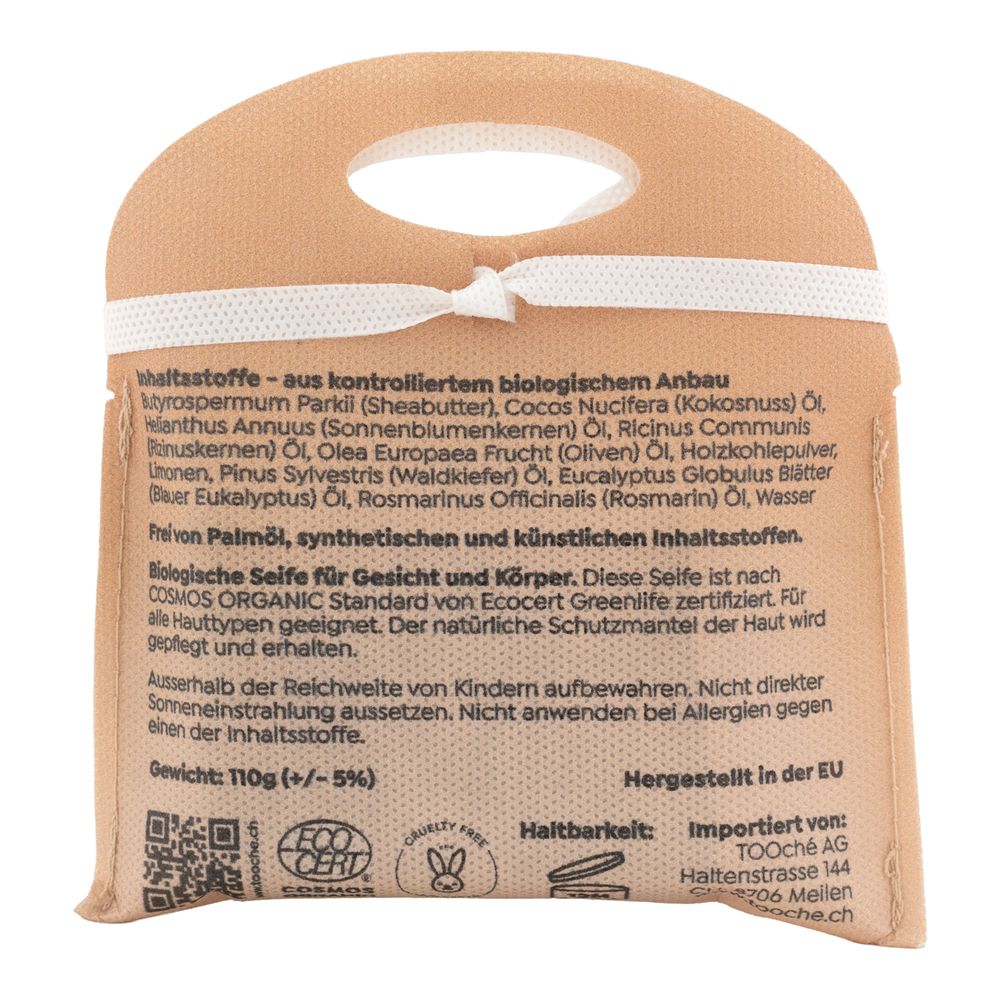 Rückseite der Verpackung. Text: Inhaltsstoffe, biologische Seife, COSMOS ORGANIC, hergestellt in der EU. Logos: EcoCert, Häschen.