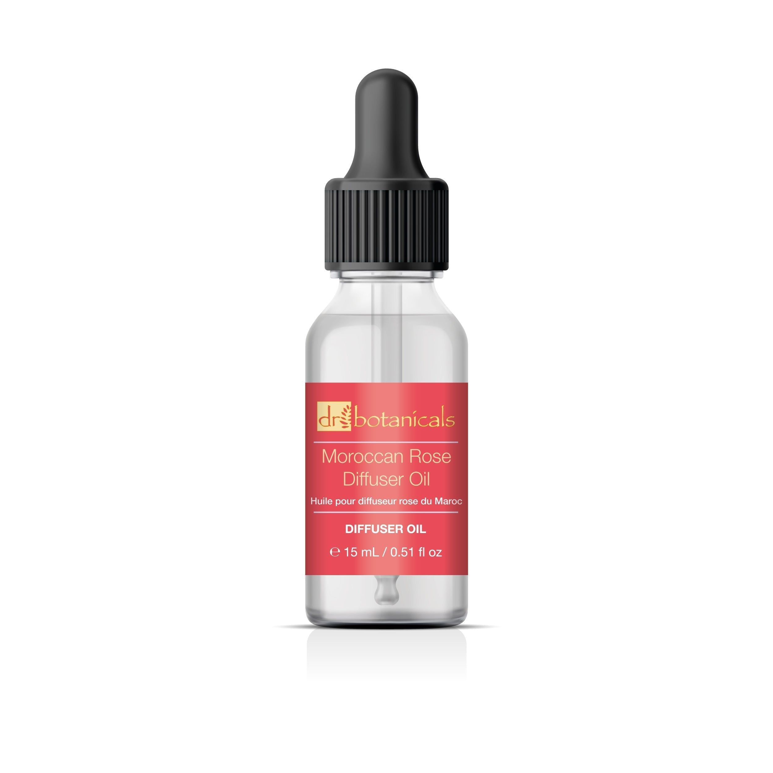 Klare Glasflasche mit schwarzem Tropfer. Etikett: Moroccan Rose Diffuser Oil. Aufschrift: dr. botanicals. Volumen: 15 ml.