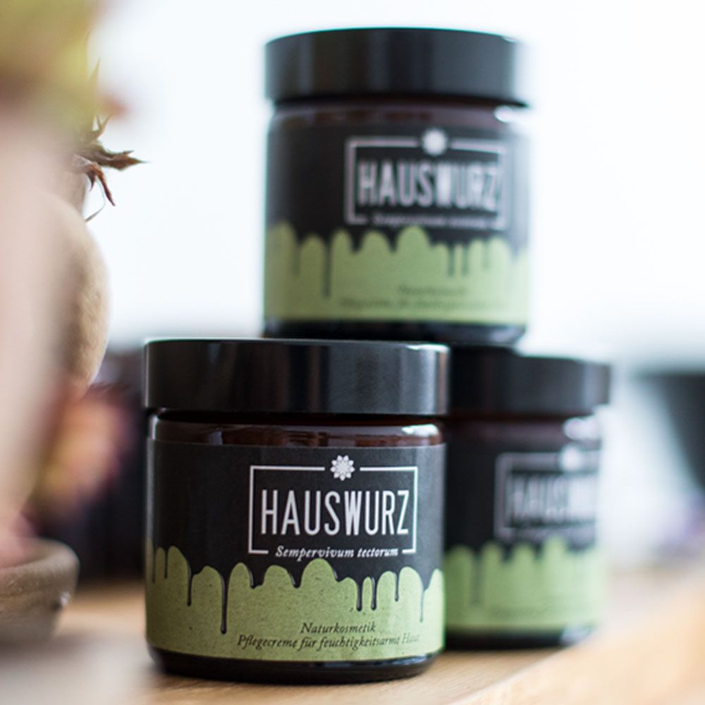 Drei Gläser mit Deckel. Etikett mit "HAUSWURZ". Gestapelt. Auf einem Tisch platziert.