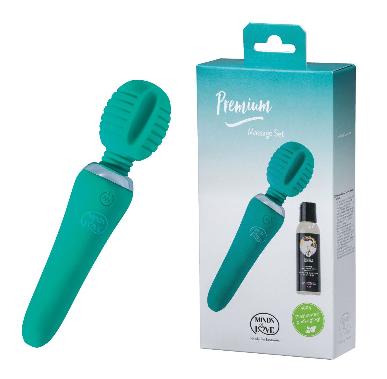 Türkisfarbener Massage-Applikator und Verpackung. Aufschrift: Premium Massage Set, MINDS of LOVE.