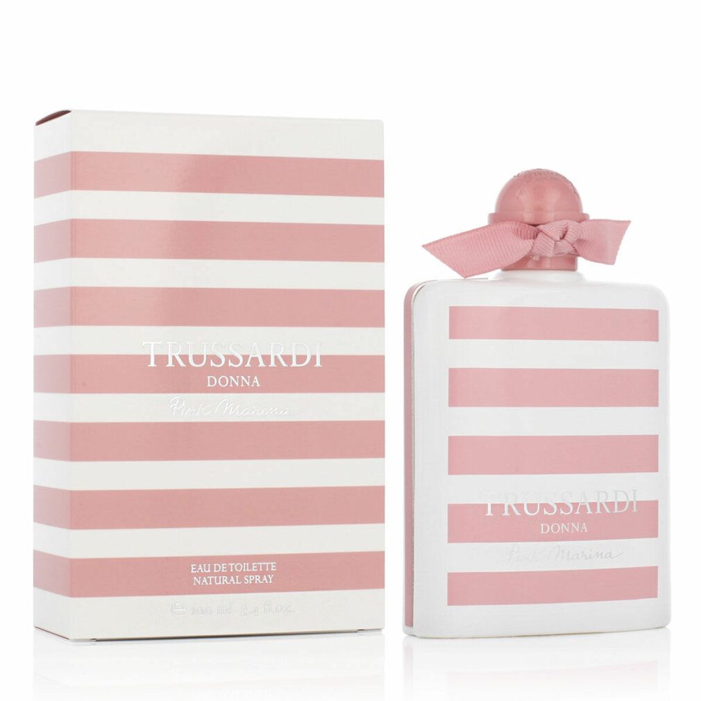 Flakon und Verpackung mit rosa Streifen. Schriftzug: Trussardi Donna Pink Marina. Aufschrift: Eau de Toilette Natural Spray.