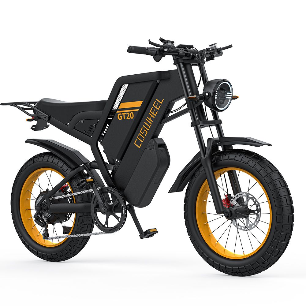 Schwarzes Elektrofahrrad mit gelben Felgen. Aufschrift COSWHEEL GT20. Breitreifen, Scheinwerfer.