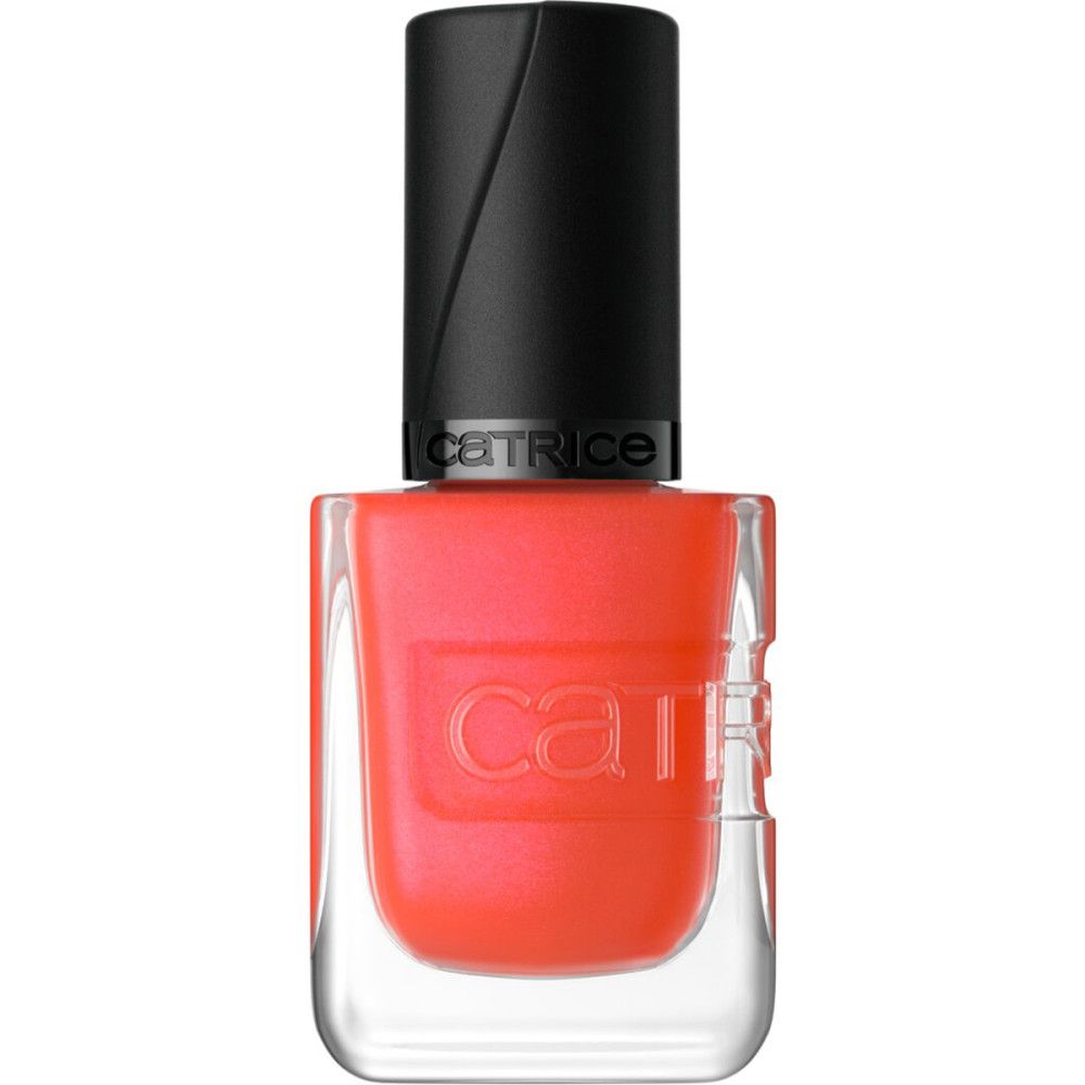 Nagellackflasche, geschlossen. Orangefarbener Lack, schwarzer Deckel. Marke Catrice.