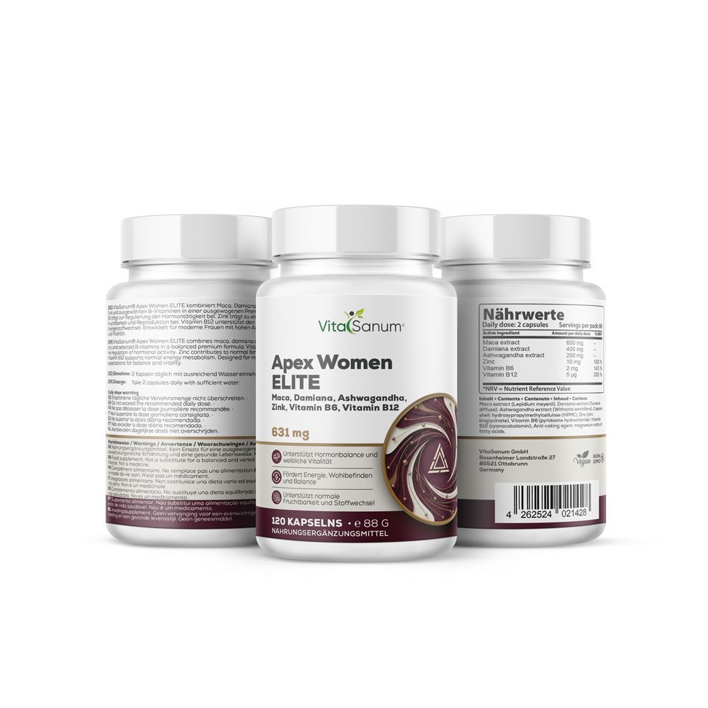 Drei Dosen VitaSanum® Apex Women ELITE, eine vorne, zwei hinten.