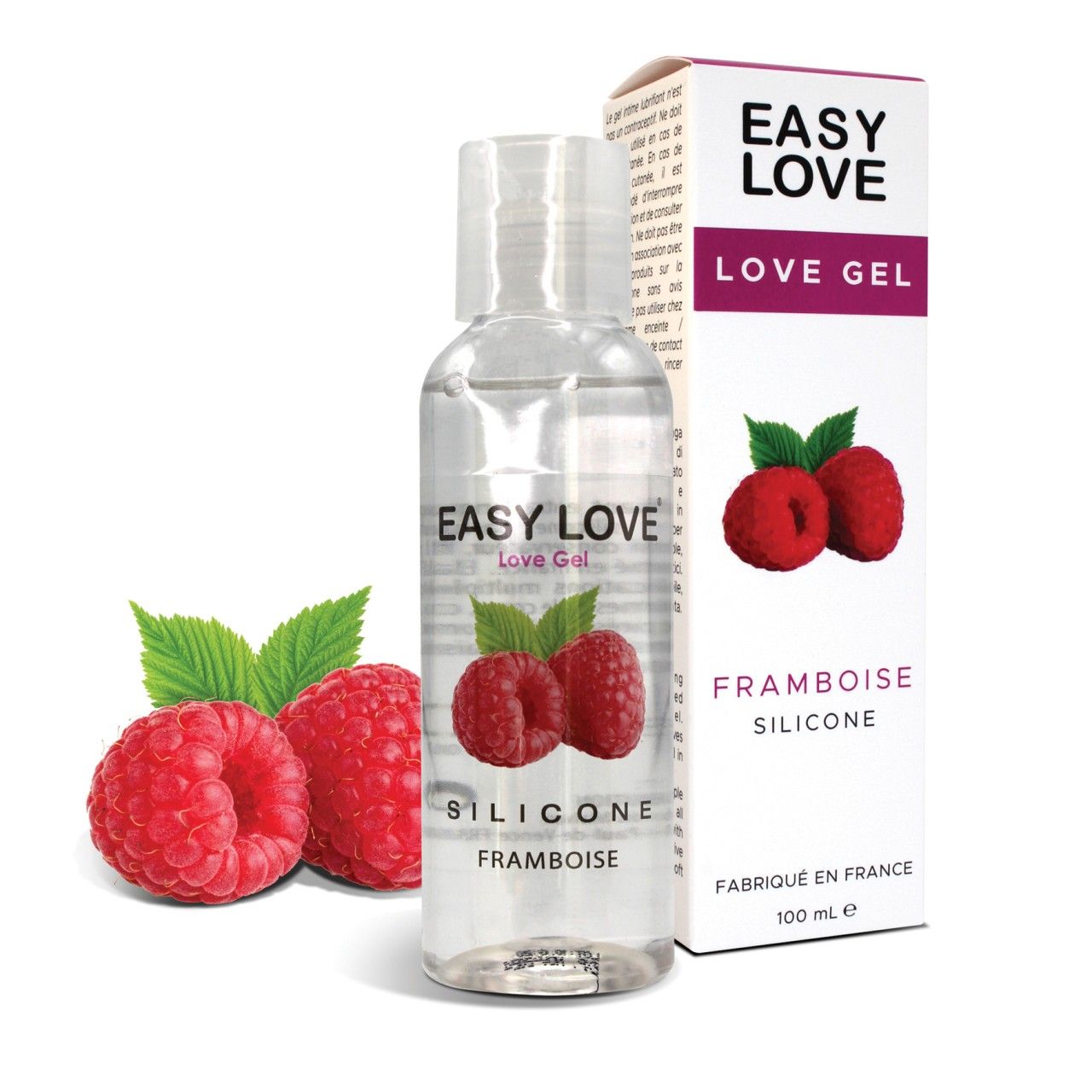 Transparente Flasche mit Produktetikett und Kartonverpackung. Aufschrift: EASY LOVE, LOVE GEL, FRAMBOISE, SILICONE. Abgebildet sind Himbeeren.