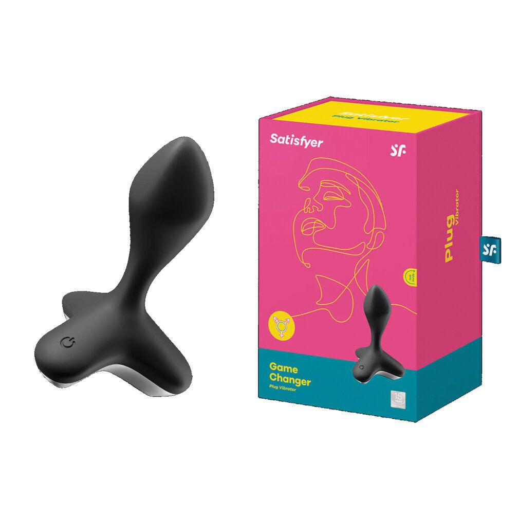 Schwarzer Analvibrator neben Verpackung. Verpackung: pink, gelb, Produktname, Illustration. Vibrator mit Power-Taste, silberfarbenem Sockel.