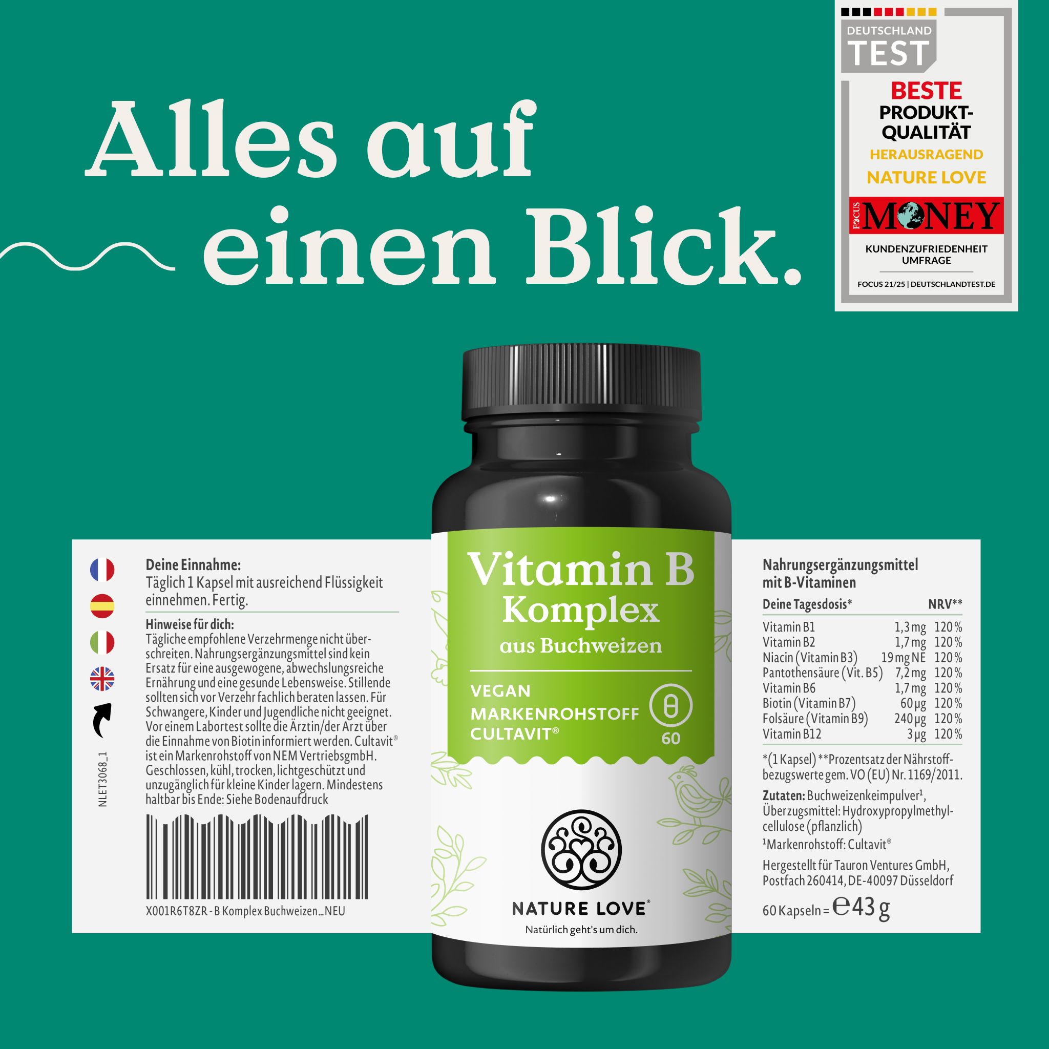 Flasche Vitamin B Komplex aus Buchweizen, mit Siegeln und Nährwertangaben. Text: Alles auf einen Blick.