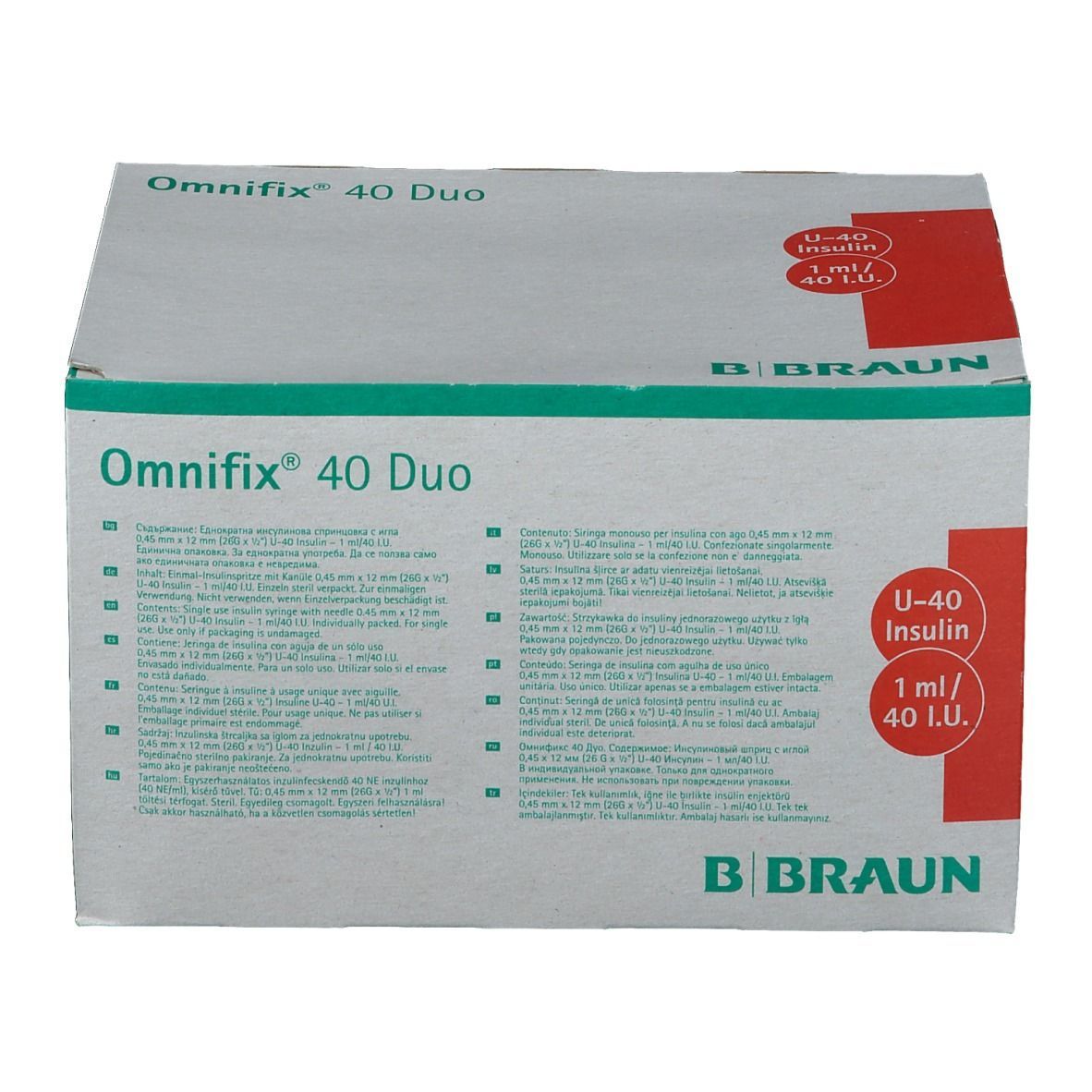 Omnifix 40 Duo-Verpackung. Weiß-grauer Karton mit roter Markierung. Text: U-40 Insulin, 1 ml/40 I.U. B. Braun-Logo.