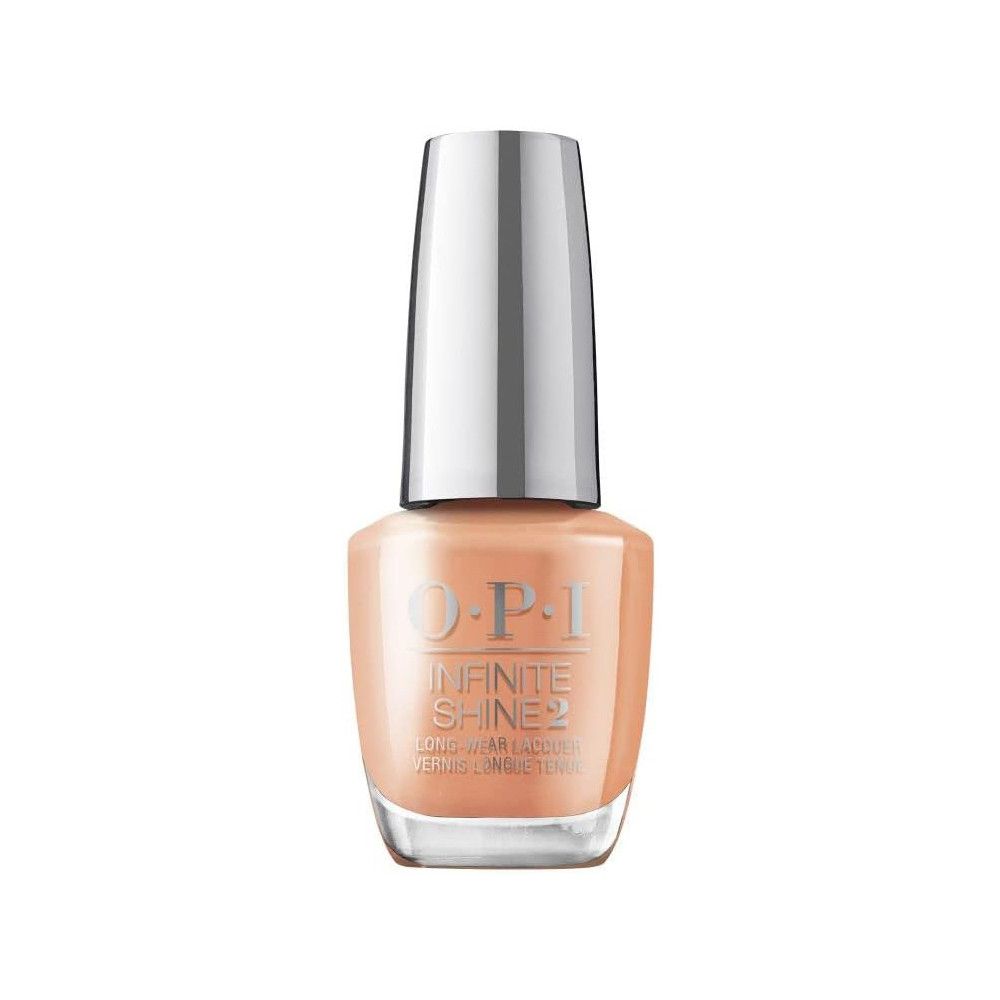Nagellackflasche mit silbernem Deckel. Aufschrift: OPI Infinite Shine 2. Beige Farbe.