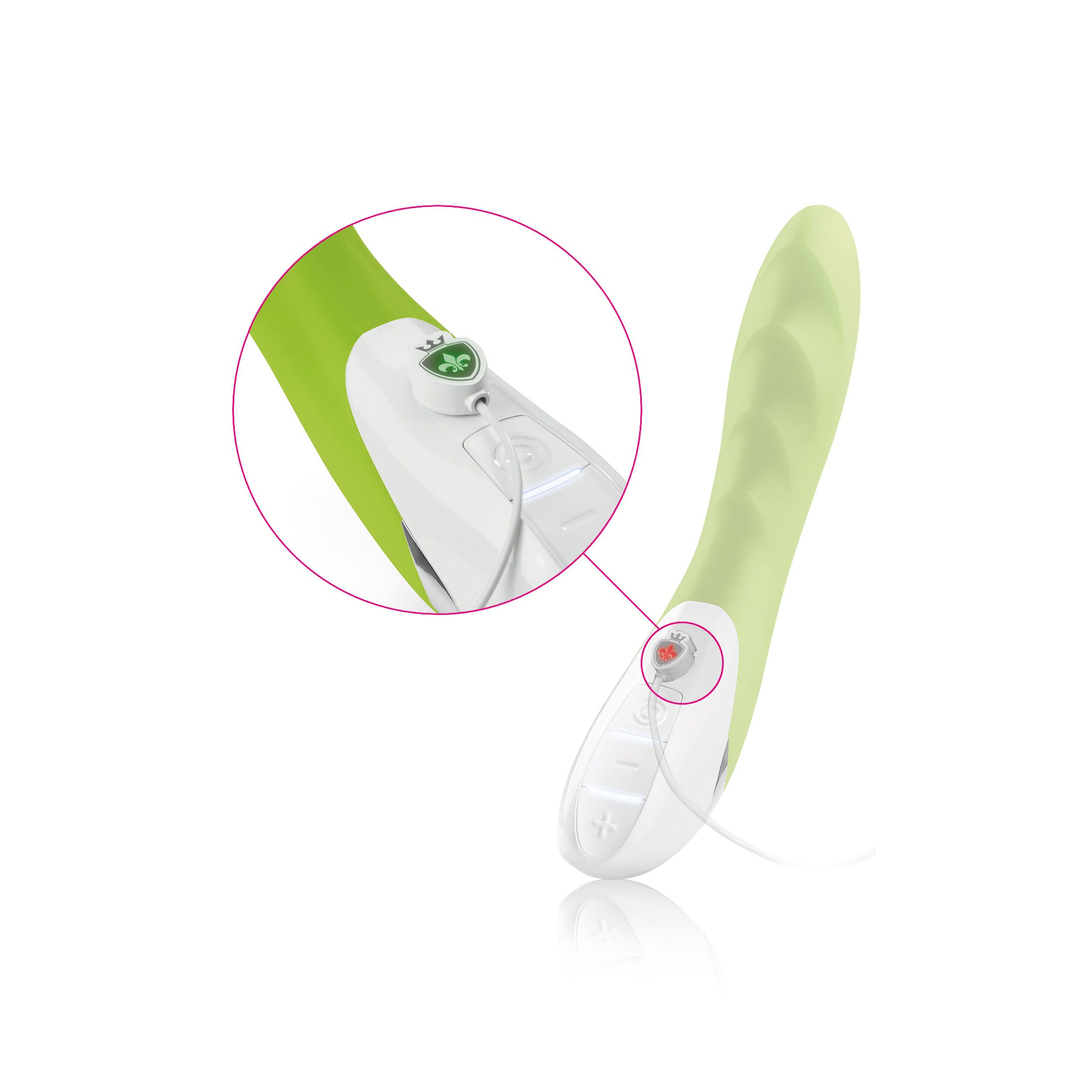 Grüner Vibrator mit weißem Bedienfeld. Detailansicht des Knopfes.