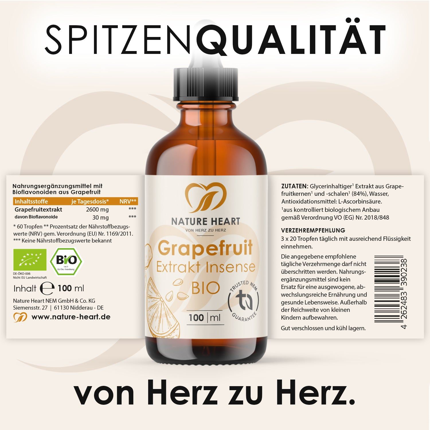 Braunglasflasche mit Tropfer. Etiketten mit Produktinformationen und Inhaltsstoffen. Text: Spitzenqualität, BIO-Zertifizierung, 100 ml.