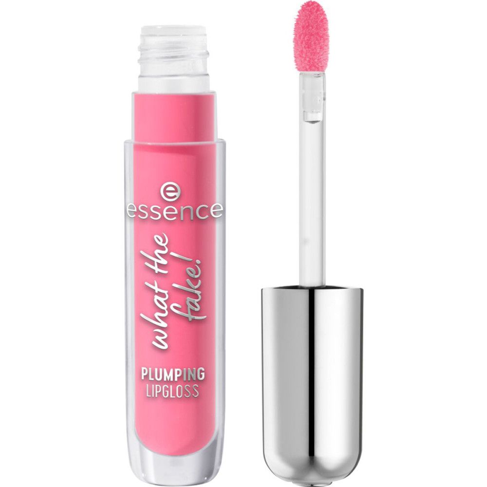 Lipgloss mit geöffneter Kappe und Applikator. Rosa Inhalt. Schriftzug: Essence, What the Fake!, Plumping Lipgloss.