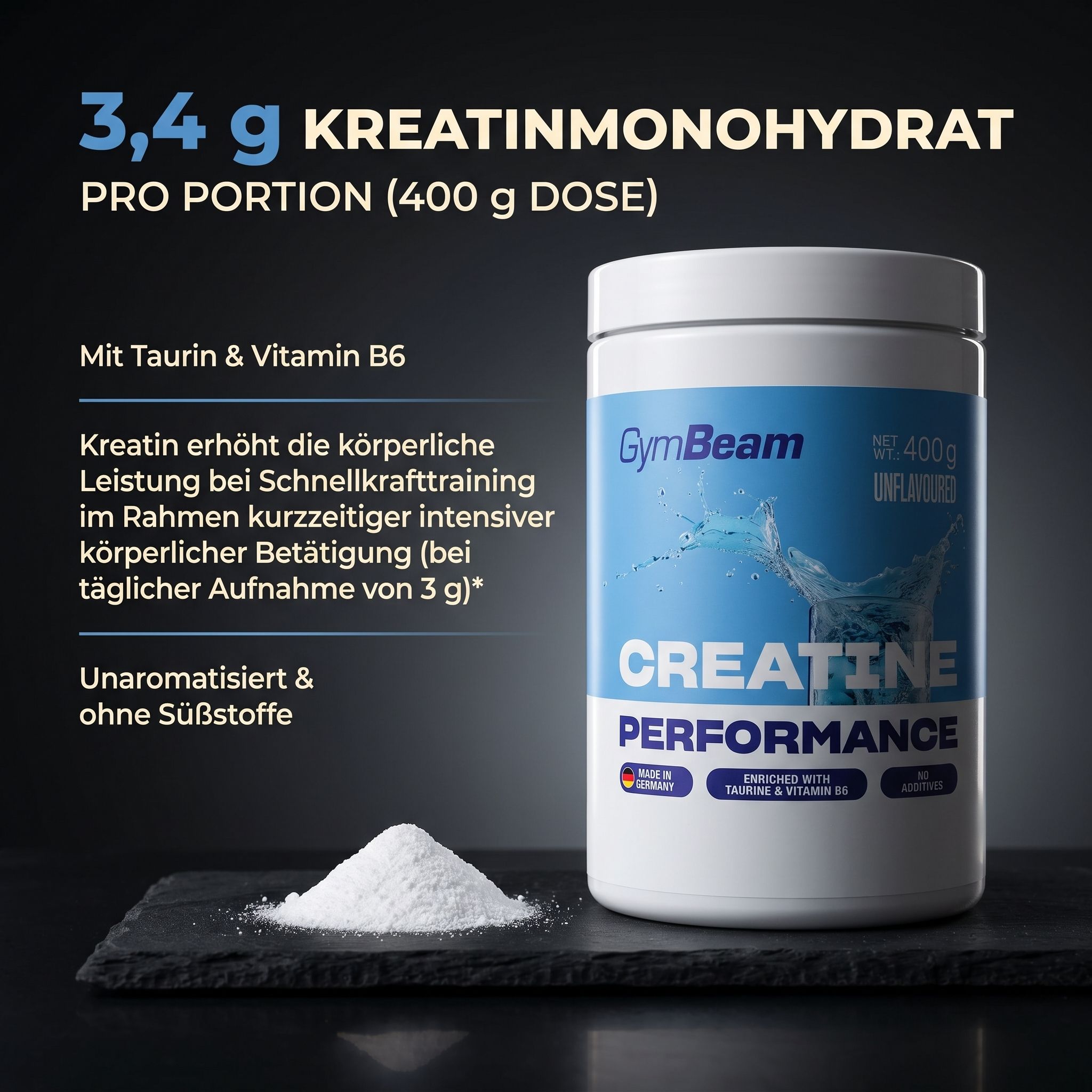 GymBeam Kreatin Performance Dose mit 400g Pulver. Enthält 3,4g Kreatin Monohydrat pro Portion, Taurin und Vitamin B6.