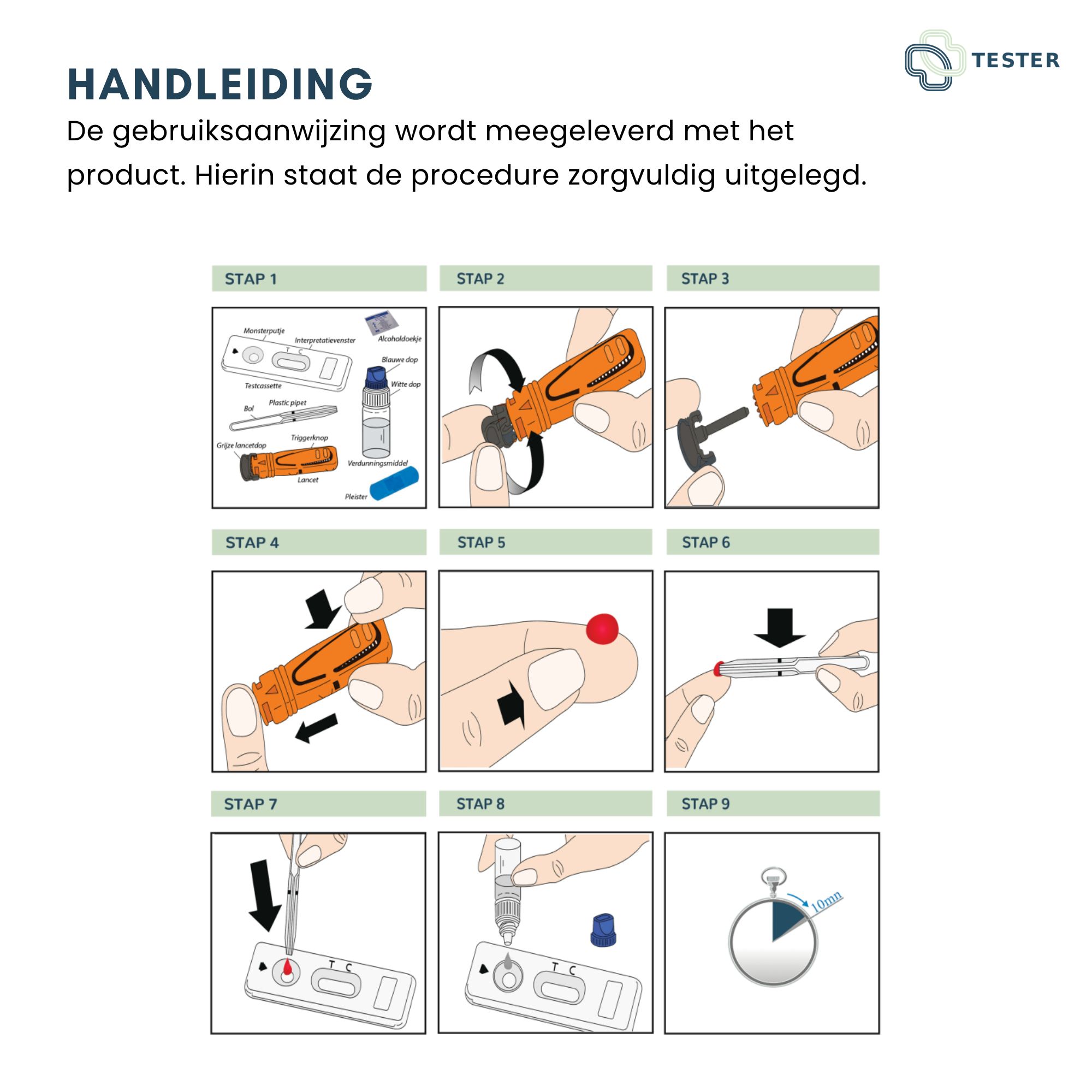 Anleitung in neun Schritten zur Durchführung eines Tests. Enthält Abbildungen von Testkomponenten und deren Anwendung. Orangefarbene Lanzette.