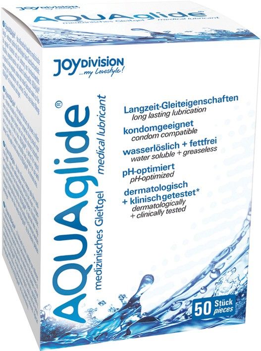 AQUAglide-Box. Weiß mit blauem Wellenmuster. Text: AQUAglide, Joydivision, 50 Stück, medizinisch getestet, kondomgeeignet.