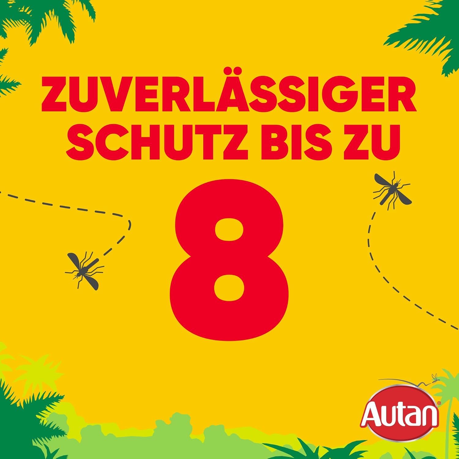 Gelber Hintergrund mit Text: Zuverlässiger Schutz bis zu 8 Stunden. Autan Logo. Zeichnungen von Mücken.