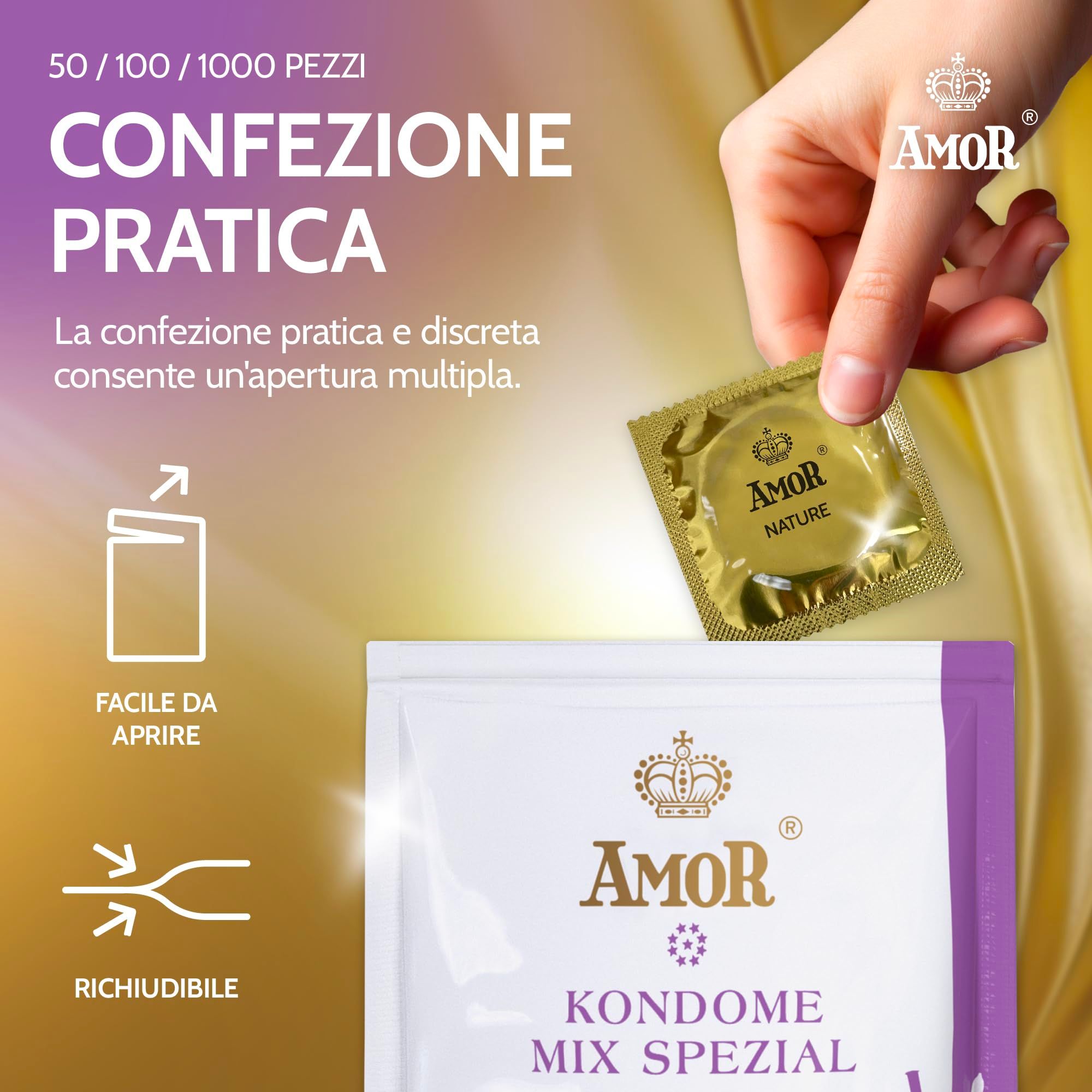 AMOR Mix Special Kondome 50er Packung, mit einzelnen verpackten Kondomen.