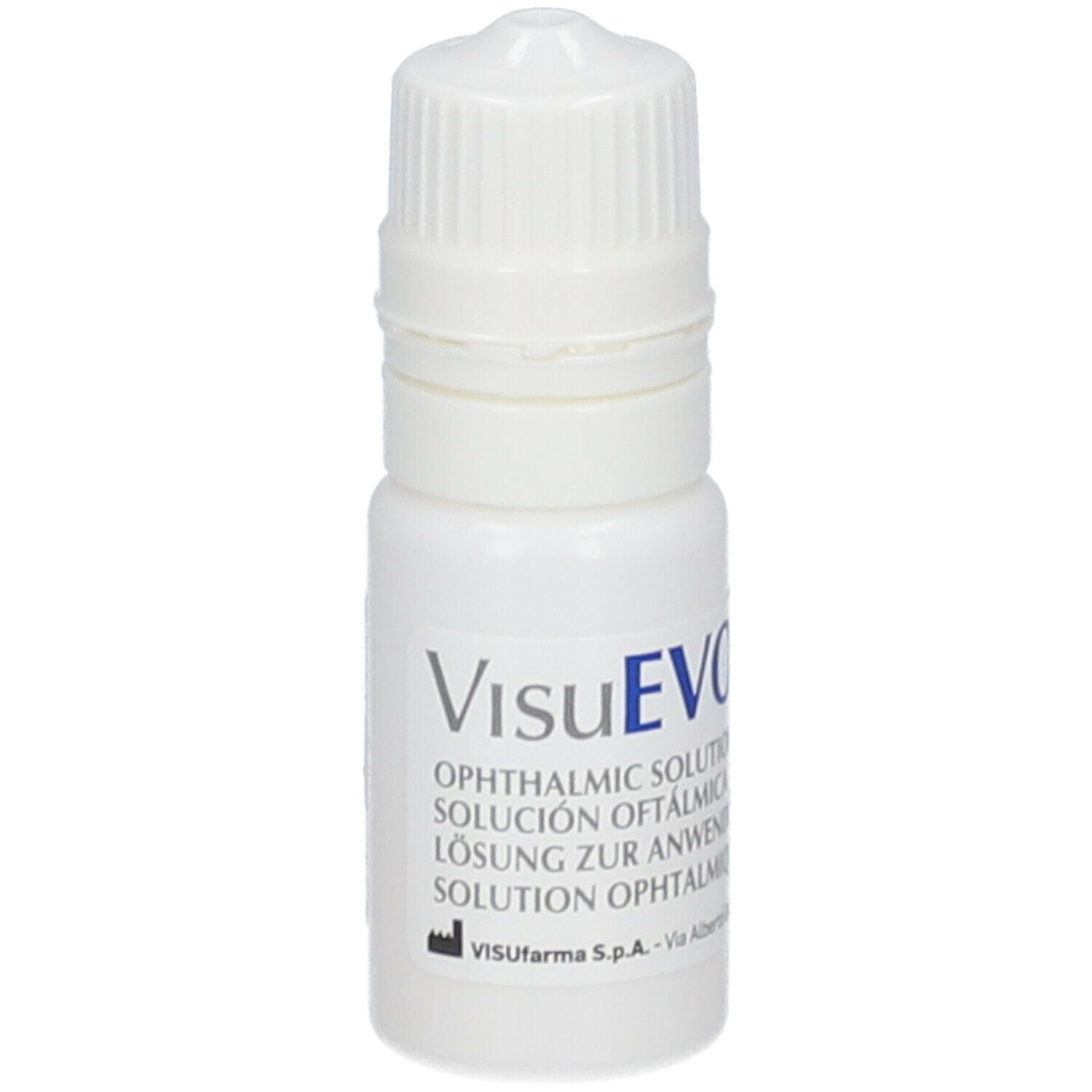Weiße Flasche mit VisuEVO-Aufschrift. Ophthalmic Solution. Tropfflasche mit weißem Verschluss.