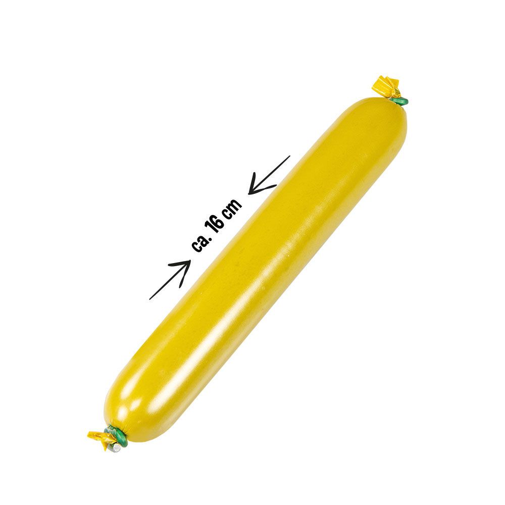 Gelbe Wurst in Verpackung. Länge ca. 16 cm. Grüne Verschlüsse an den Enden.